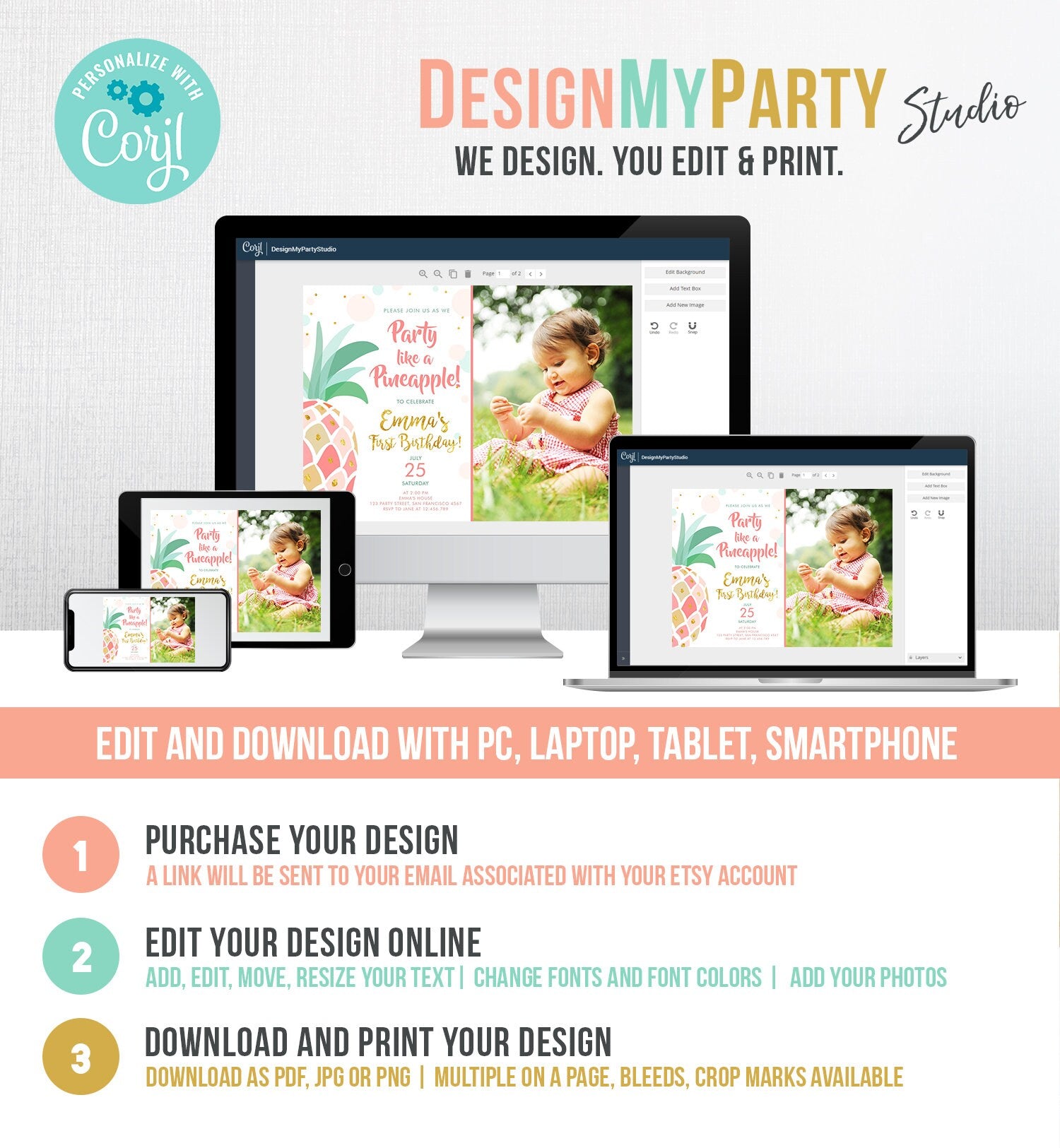 Editable Pineapple Birthday Invitation Party like a Pineapple Aloha Tropical Luau Party Girl First Birthday Gold Pink Corjl Template 0202