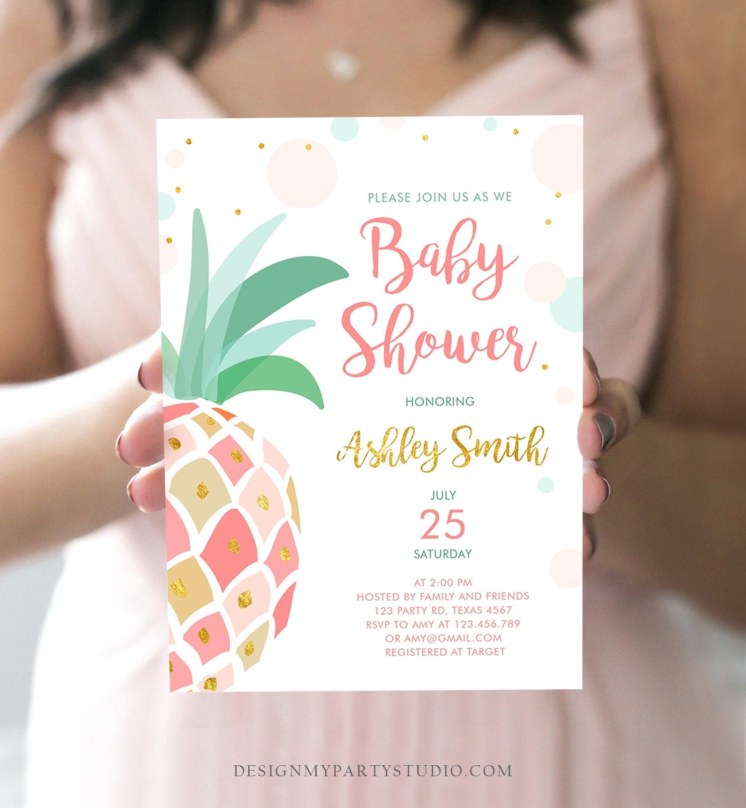 Editable Pineapple Baby Shower Invitation Party like a Pineapple Aloha Tropical Luau Party Girl Sprinkle Coed Gold Pink Corjl Template 0202