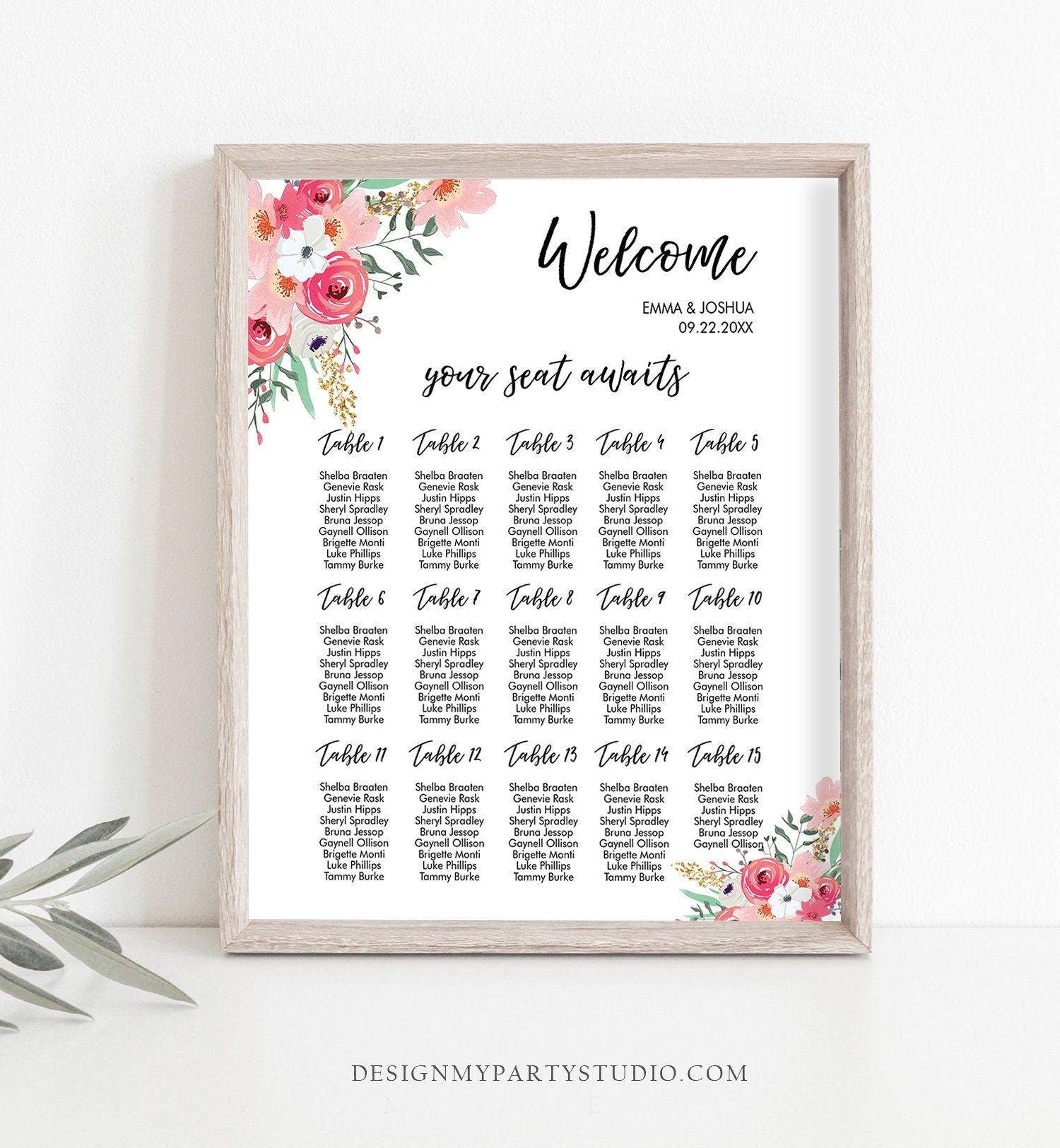 Editable Seating Chart Sign Wedding Seating Sign Bridal Shower Floral Table Pink Gold Digital Download Template Printable 0030 0318