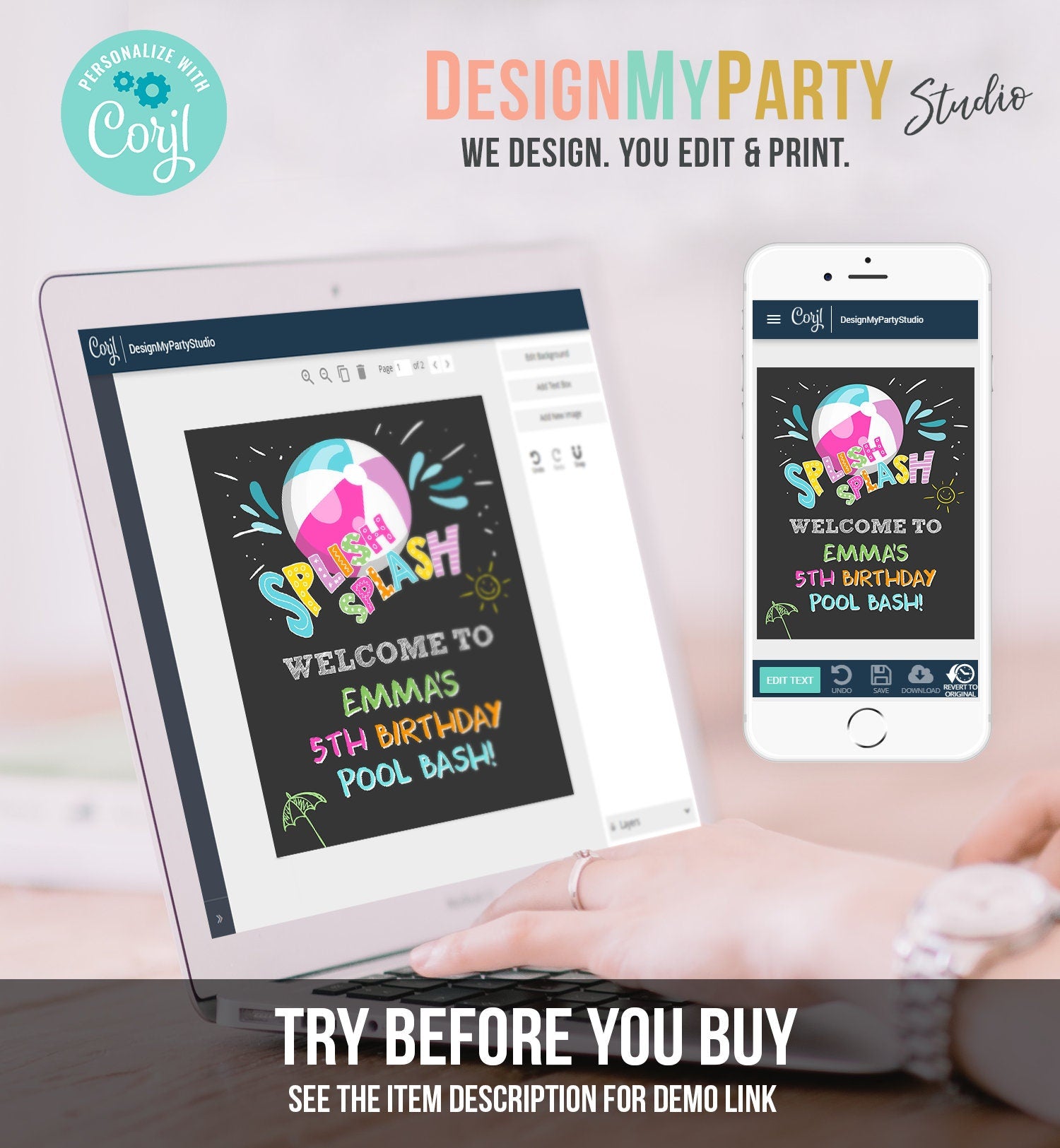 Editable Pool Party Welcome Sign Pool Party Birthday Beach Ball Pool Bash Girl Welcome Splish Splash Printable Welcome Template Corjl 0169