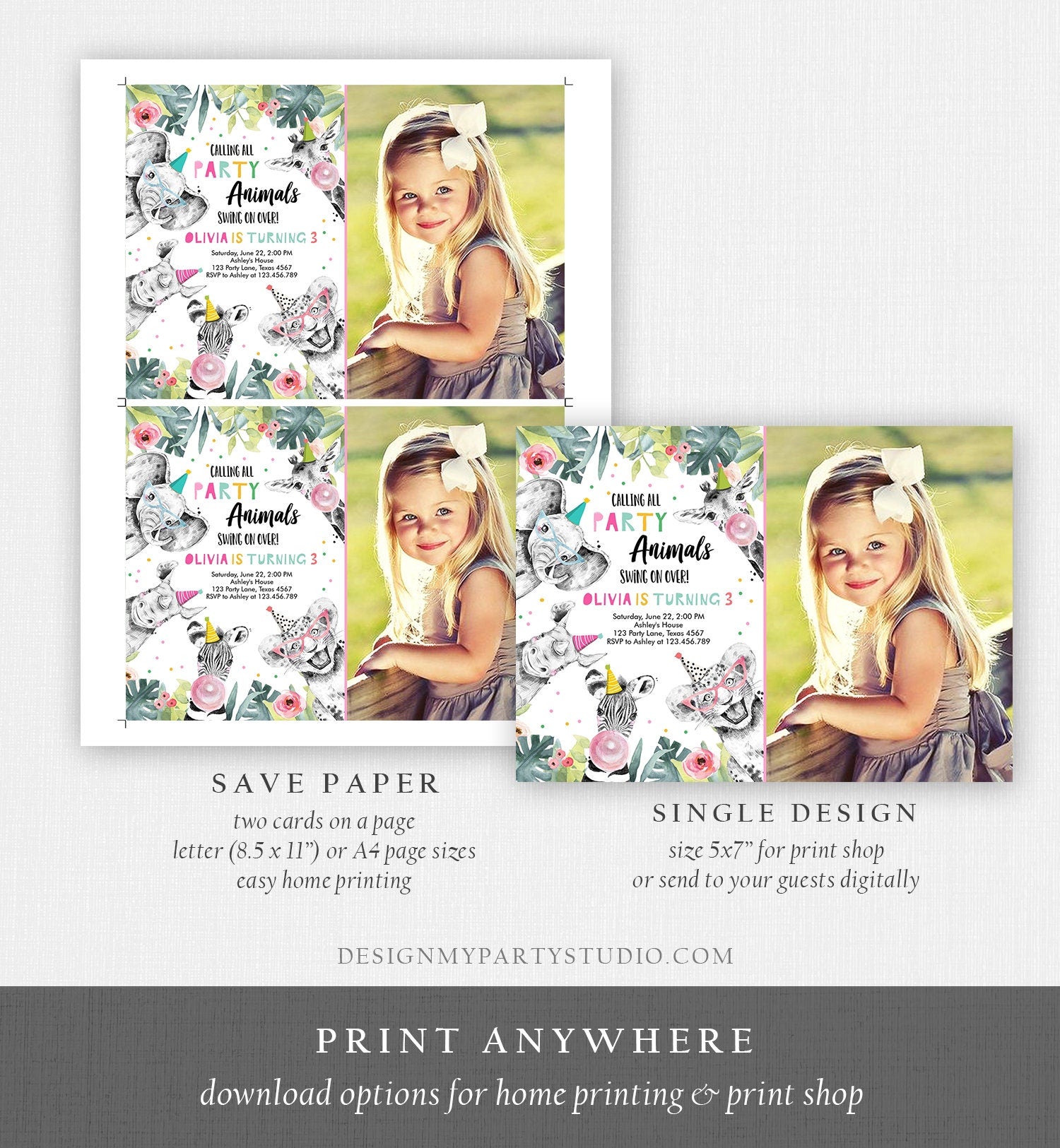 Editable Party Animals Birthday Invitation Wild One Animals Invitation Zoo Safari Animals Girl Download Printable Invite Template Corjl 0322