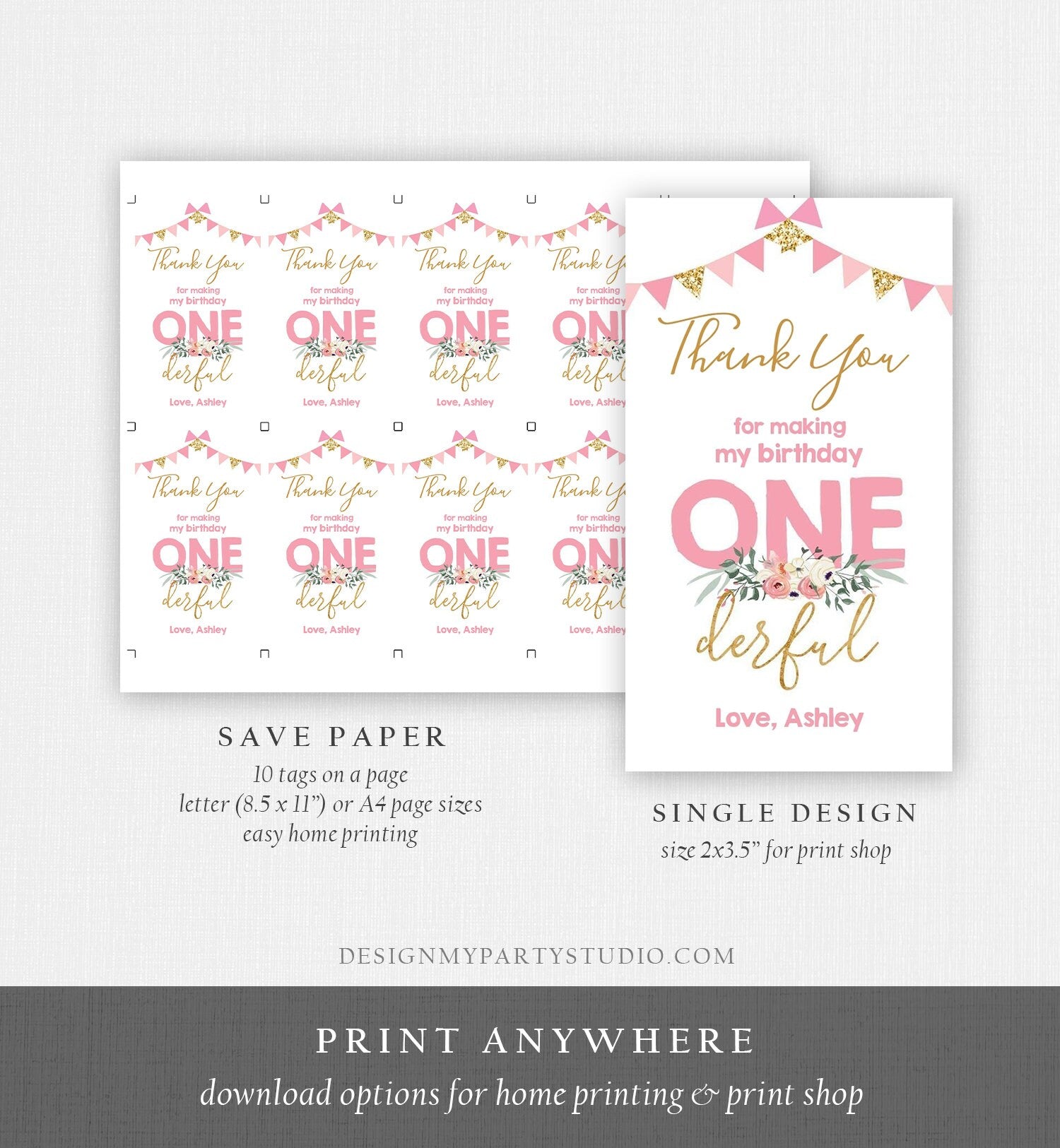 Editable Onederful Favor Tag Thank You Girl 1st First Birthday Party Gift Tag Pink Gold 1st Digital Download Template Printable 0165