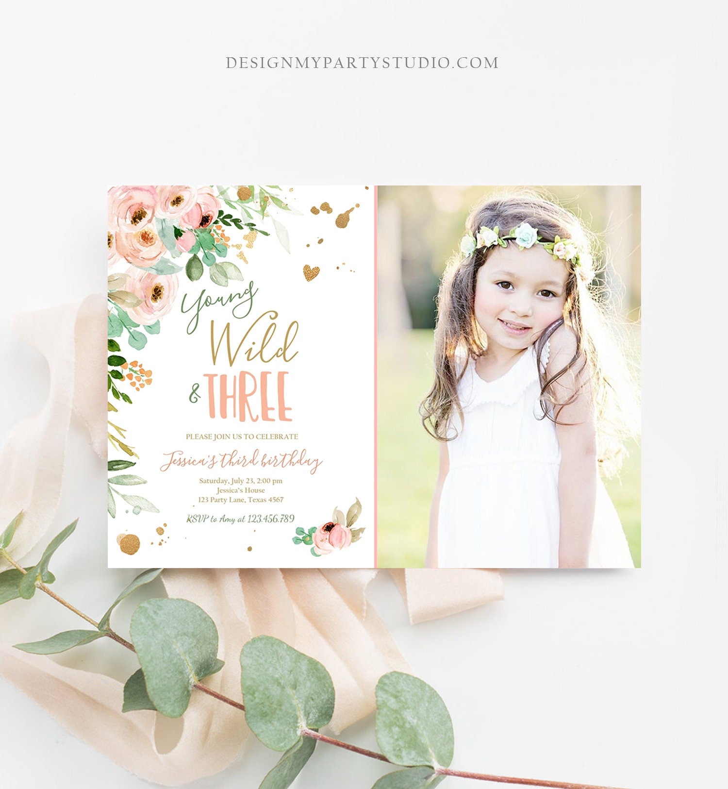 Editable Young Wild and Three Birthday Invitation 3rd Birthday Girl Pink Gold Floral Wild Digital Download Evite Template Printable 0147