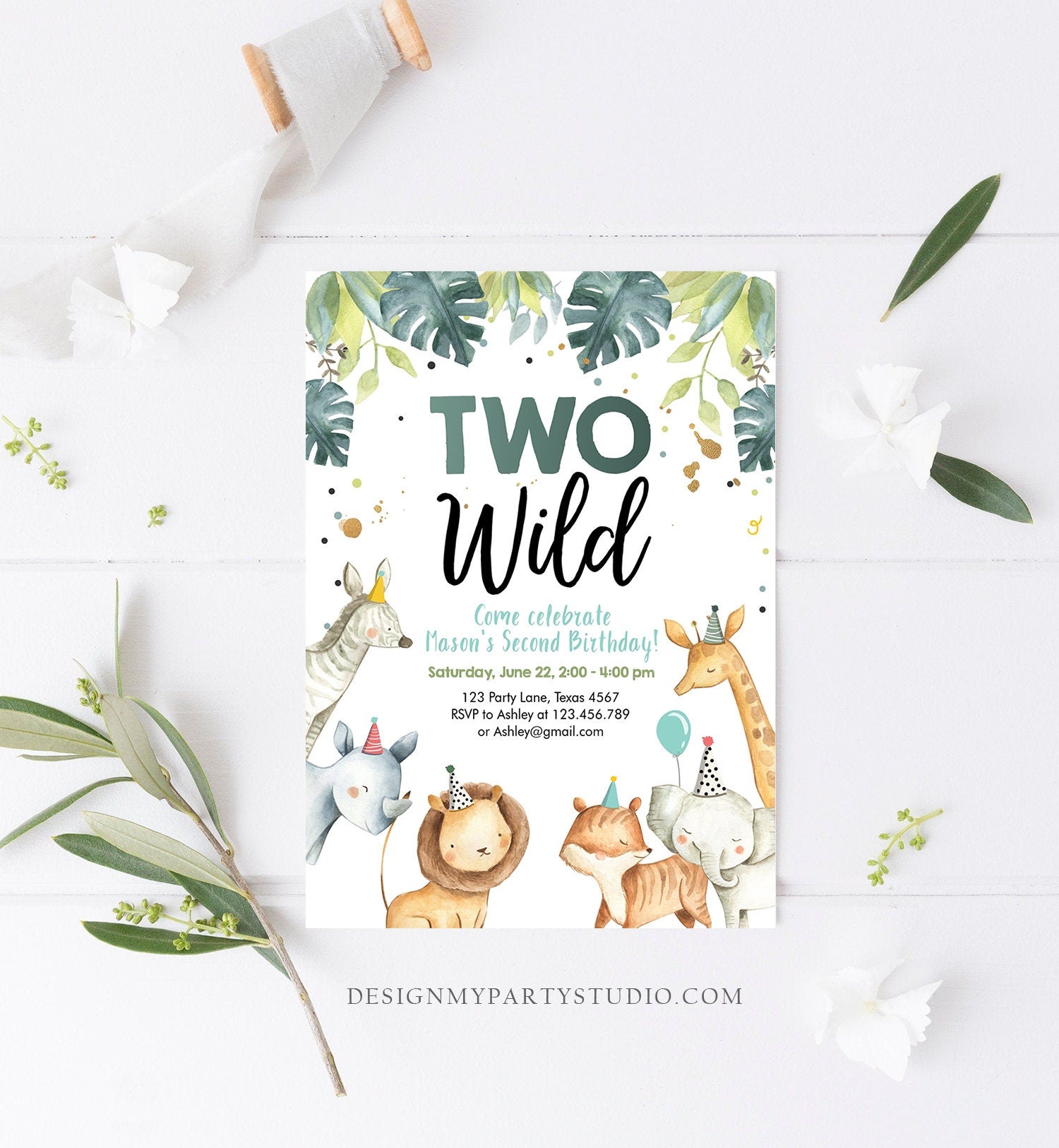 Editable Two Wild Birthday Invitation Boy Safari Animals Green Gold Party Animals Second Birthday 2nd Download Template Corjl Printable 0163