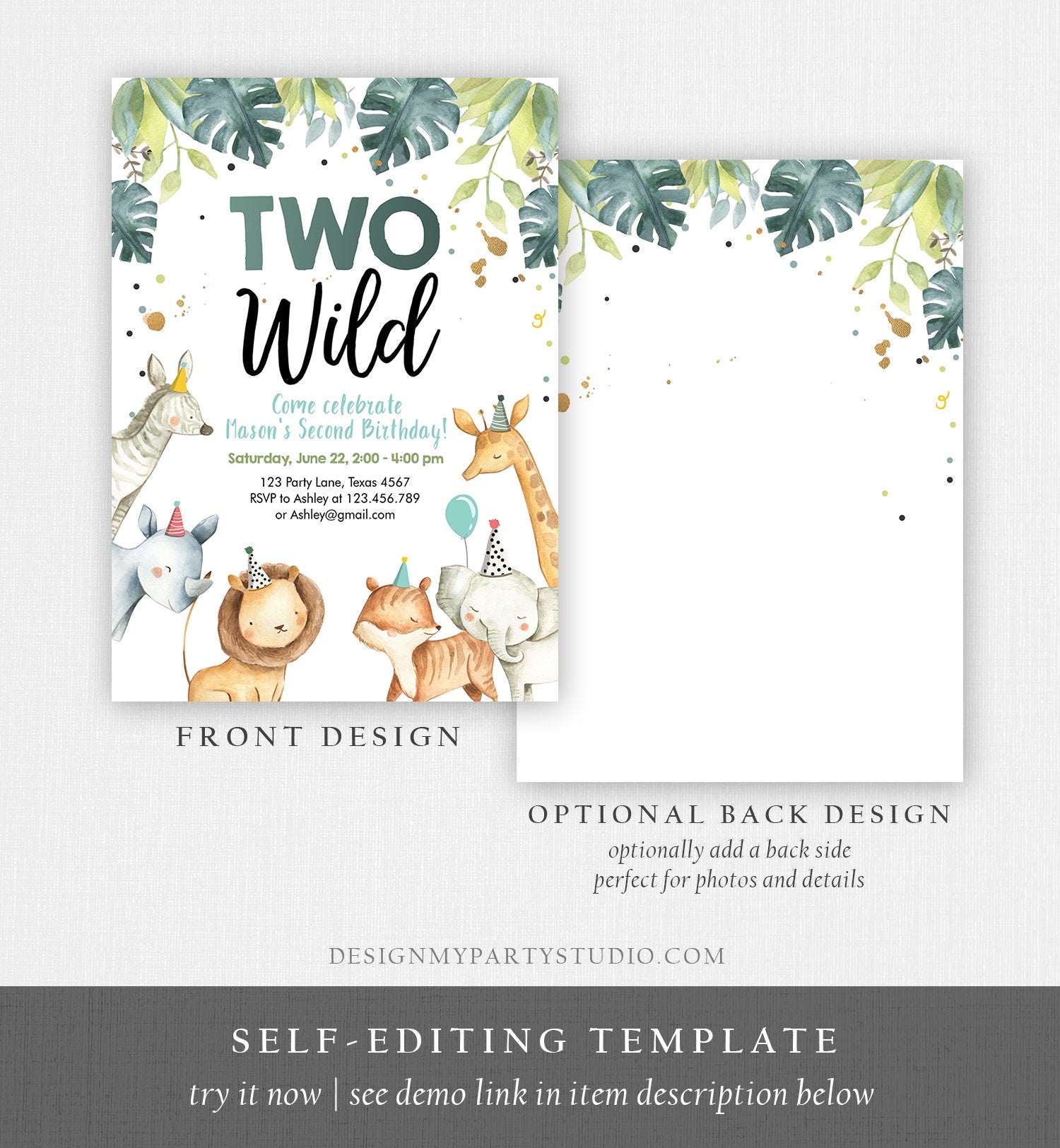 Editable Two Wild Birthday Invitation Boy Safari Animals Green Gold Party Animals Second Birthday 2nd Download Template Corjl Printable 0163