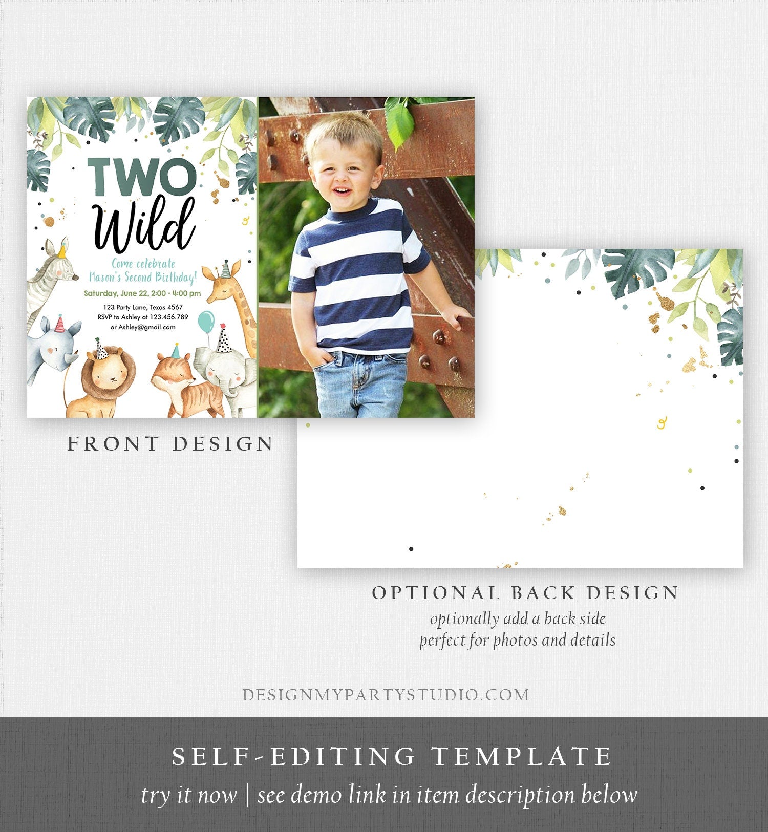 Editable Two Wild Birthday Invitation Boy Safari Animals Green Gold Party Animals Second Birthday 2nd Download Template Corjl Printable 0163