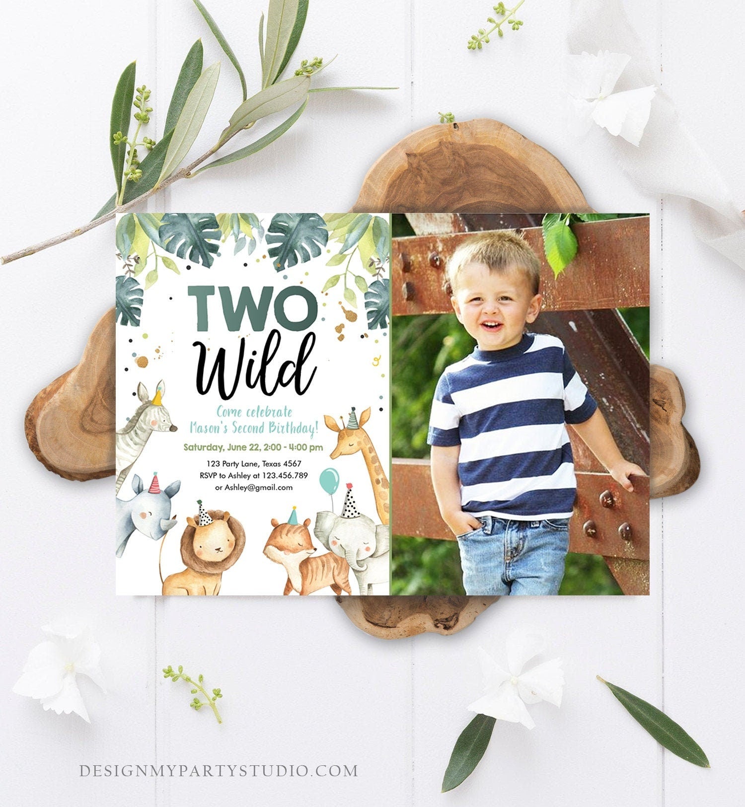Editable Two Wild Birthday Invitation Boy Safari Animals Green Gold Party Animals Second Birthday 2nd Download Template Corjl Printable 0163