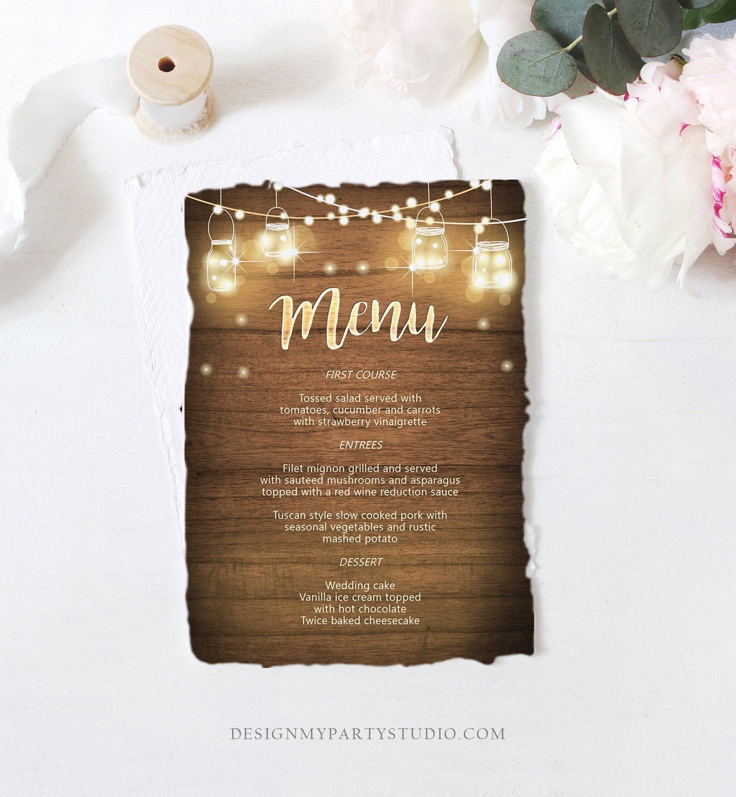 Editable Rustic Menu Card Wedding Shower Birthday Party Outdoor Lights Jars Wood Tea Party Download Corjl Template Printable 0015
