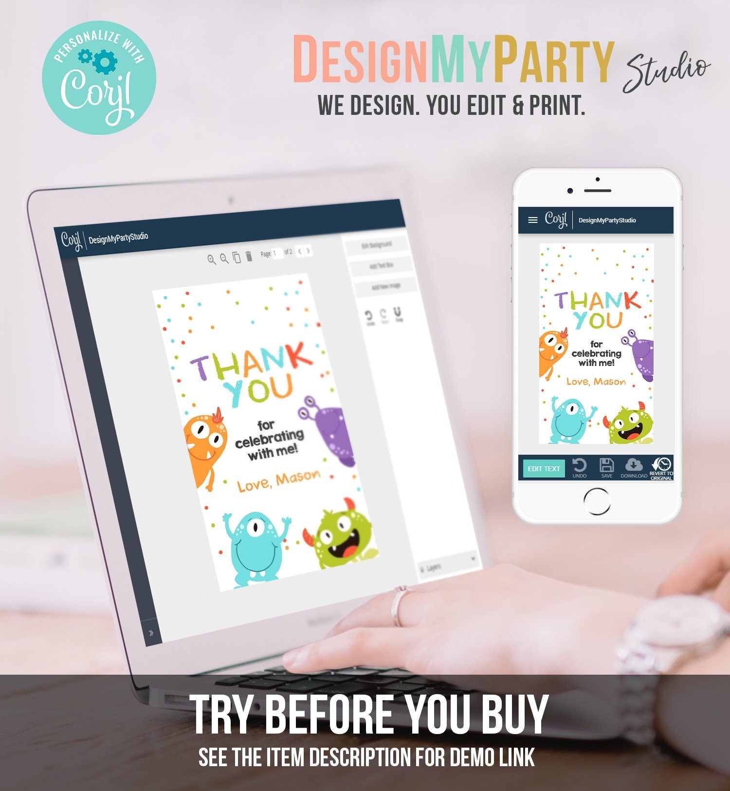 Editable Little Monster Favor Tag Monsters Birthday Thank You Tag Monster Bash Boy Monster Party Decor Girl Digital Template Printable 0058