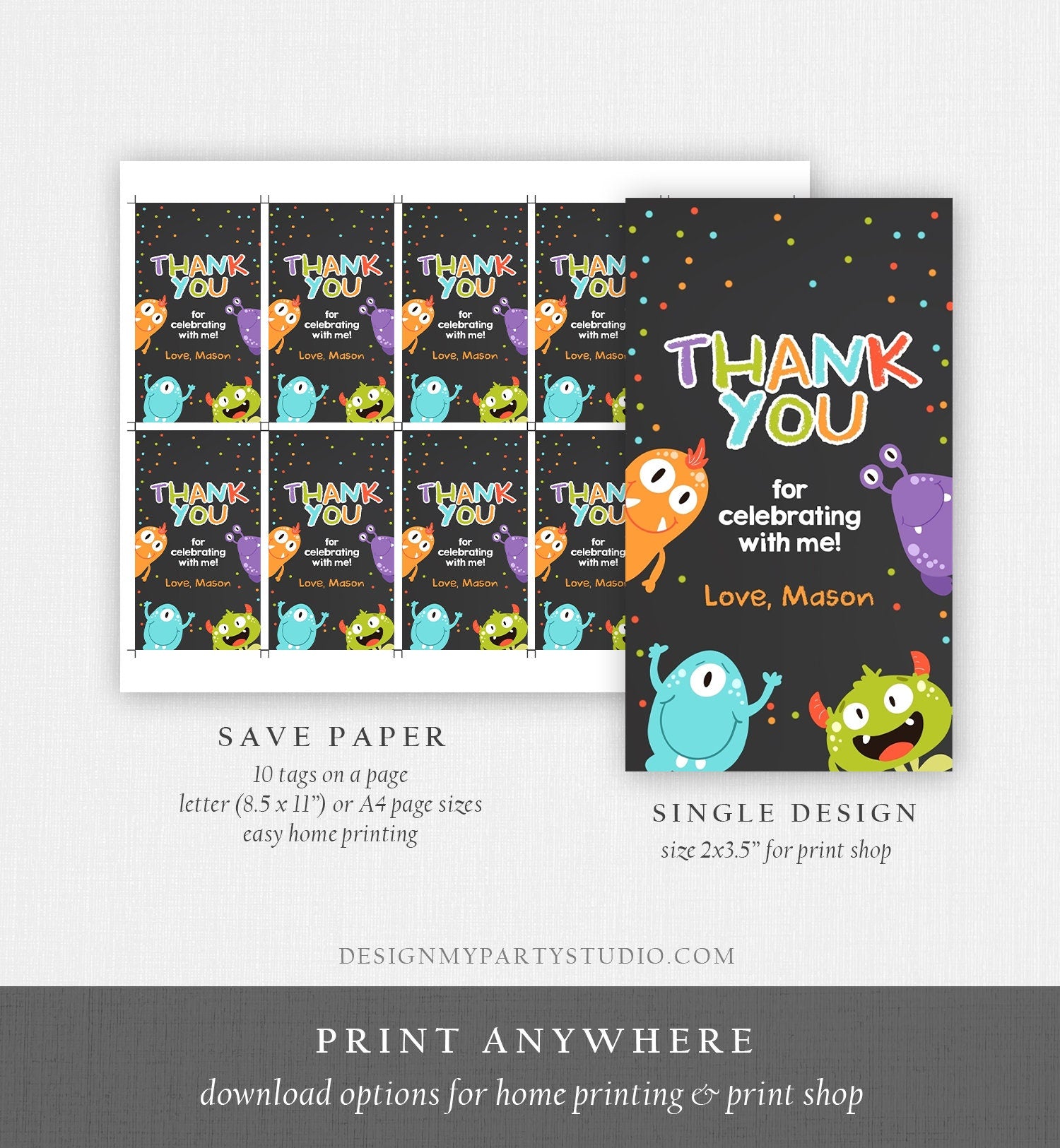 Editable Little Monster Favor Tags Monsters Birthday Thank You Tag Monster Bash Boy Monster Party Decor Girl Digital Template Printable 0058