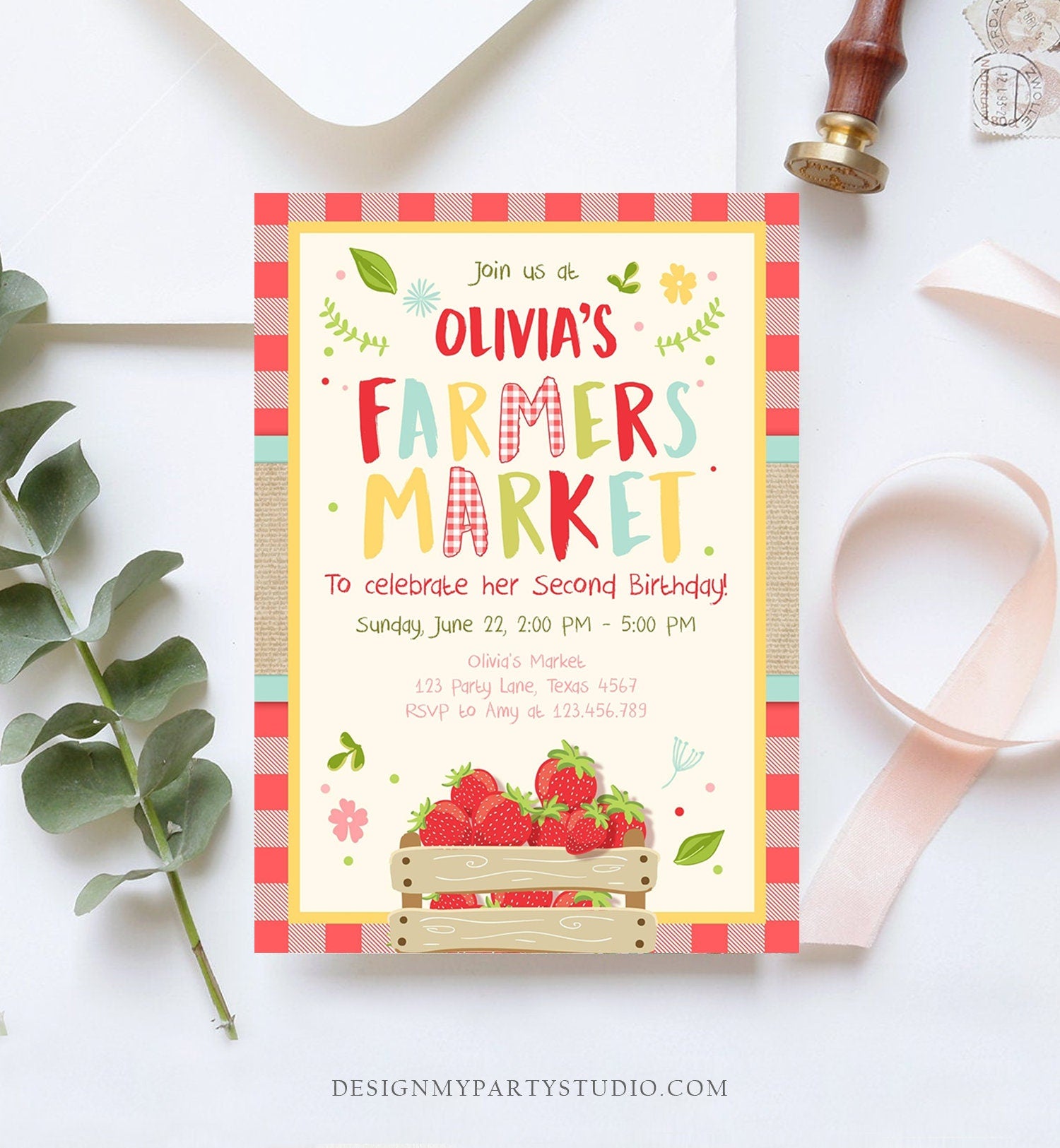 Editable Farmers Market Birthday Invitation Strawberry Home Grown Veggies Farm Fruits Market Download Printable Invite Template Corjl 0223