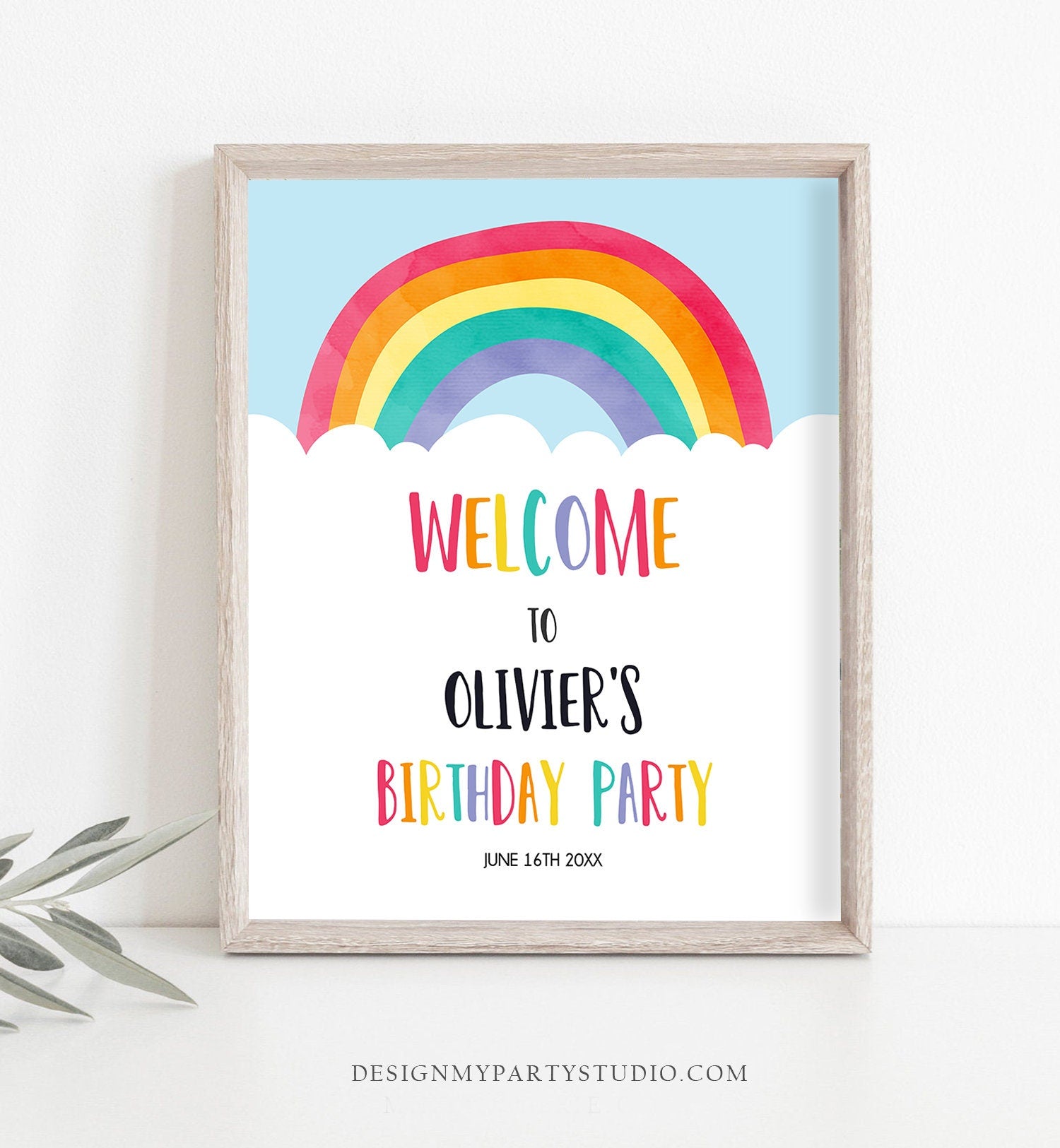 Editable Rainbow Welcome Sign Rainbow Birthday Party Sign Colorful Rainbow Fun Clouds Blue Boy Watercolor Digital Template Printable 0272