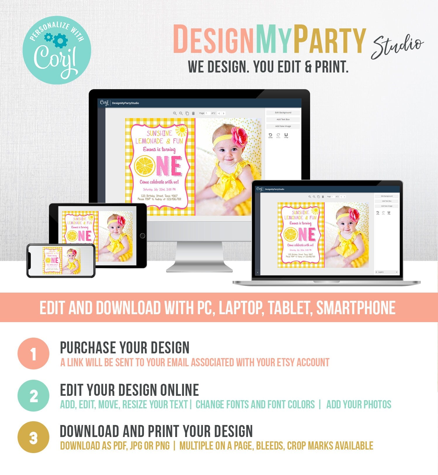 Editable Sunshine Lemonade Birthday Invitation Pink Girl Sunshine Party Lemonade and Fun Invite 1st Birthday Printable Template Corjl 0308