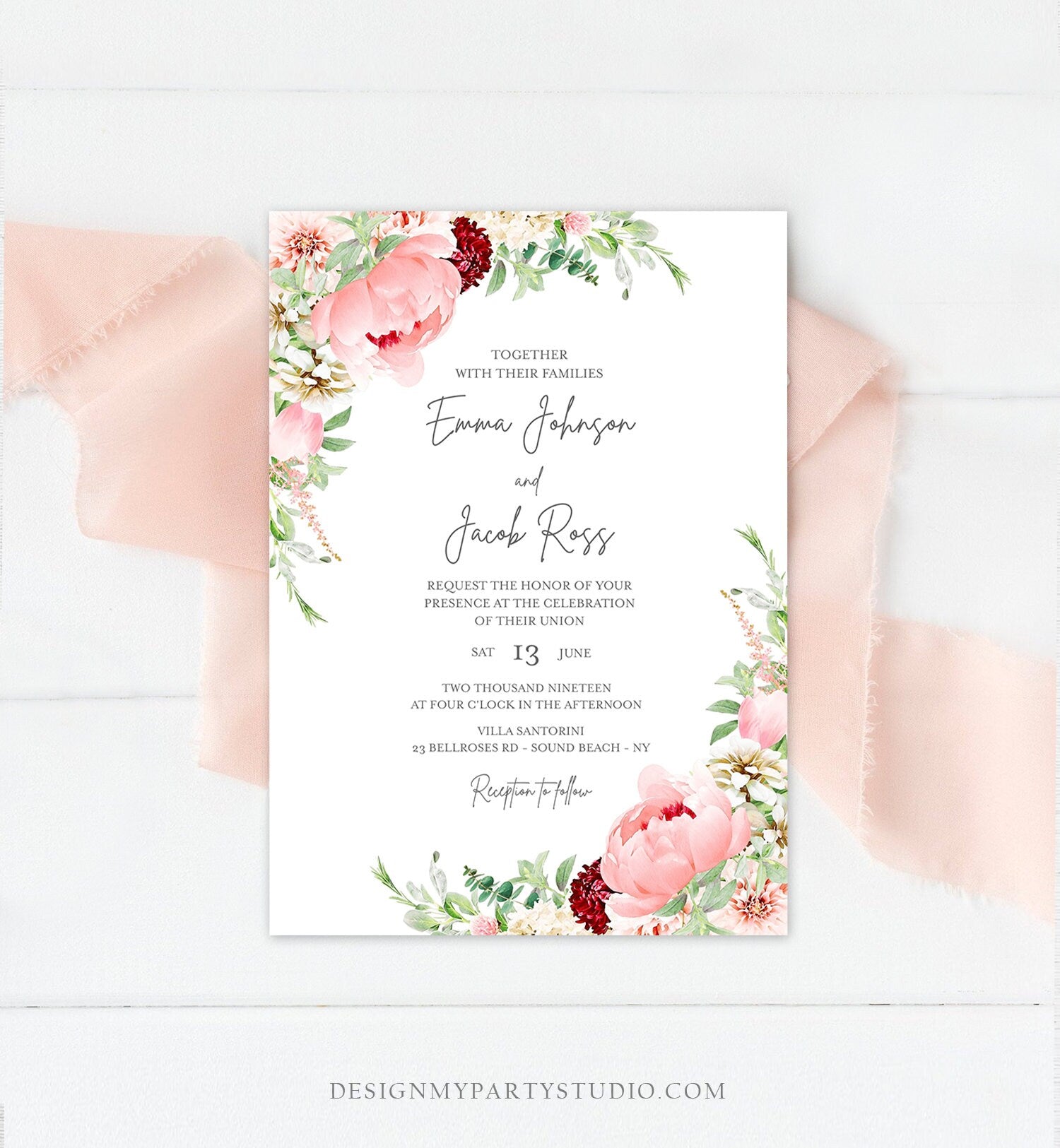 Editable Botanical Flowers Wedding Invitation Floral Greenery Bridal Shower Pastel Pink Peony Colors Digital Corjl Template Printable 0167