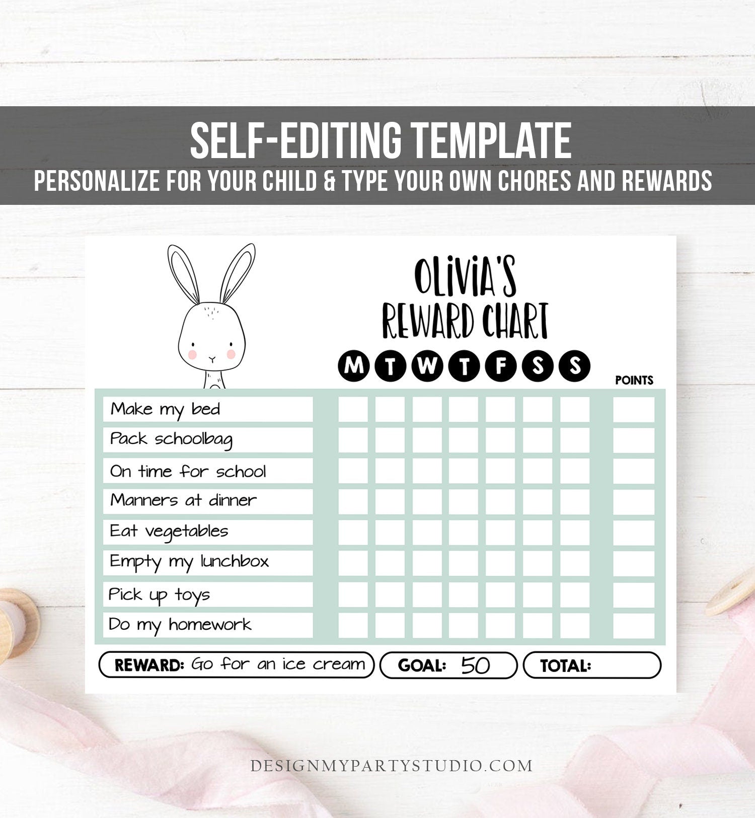 Editable Bunny Reward Chart for Girls Printable Animal Chore Chart for Kids Chores Boy Routine Chart Homeschool Template Corjl 0039