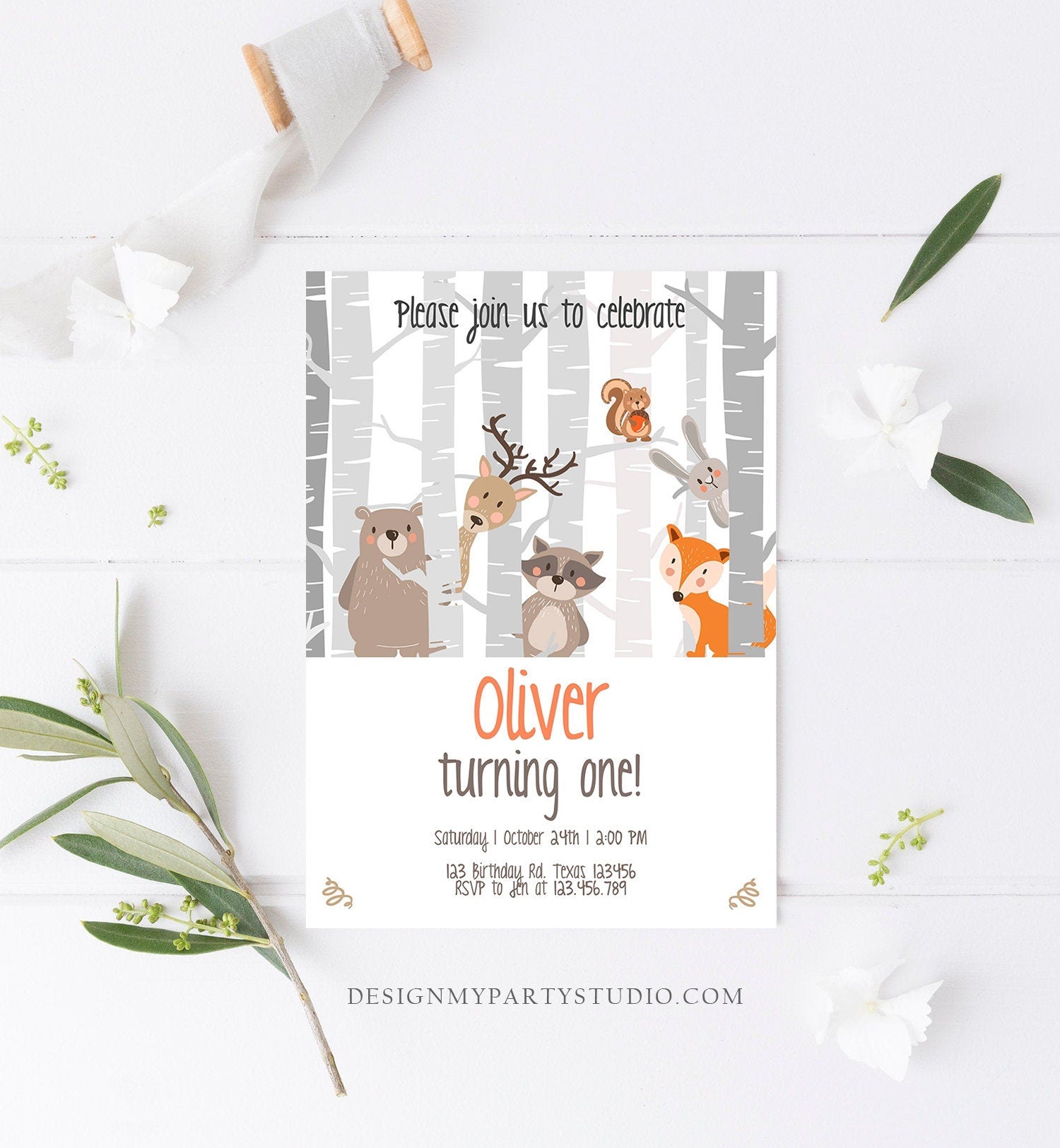 Editable Birthday Invitation Woodland First Birthday Forest Animals Bear Fox Birch Trees Simple Boy Download Printable Template Corjl 0010
