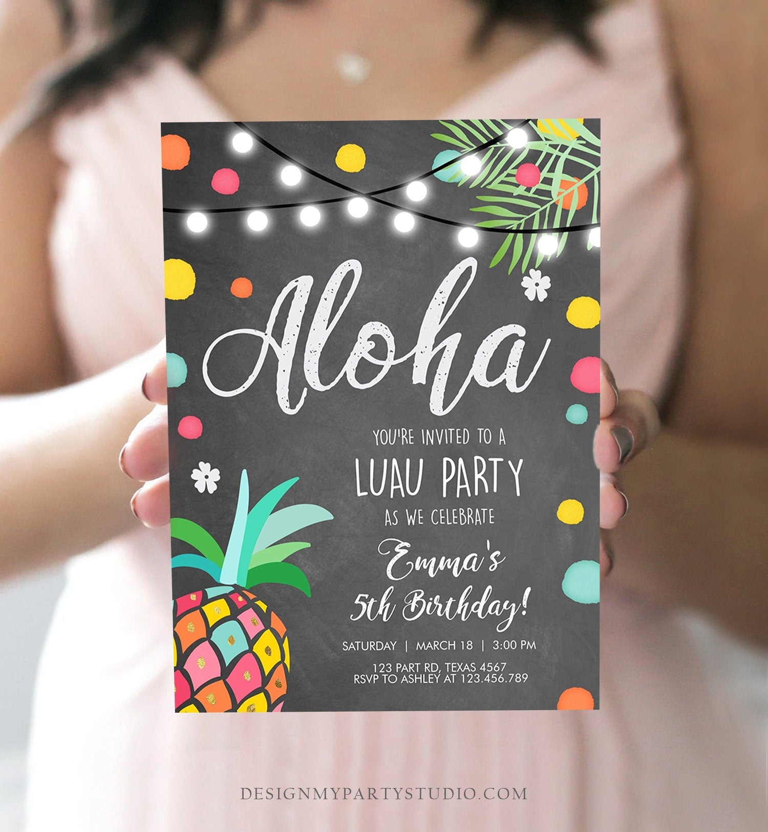 Editable Birthday Invitation Girl Aloha Pineapple Tropical Summer Party Beach Luau Party Hawaii Digital Download Template Printable 0201