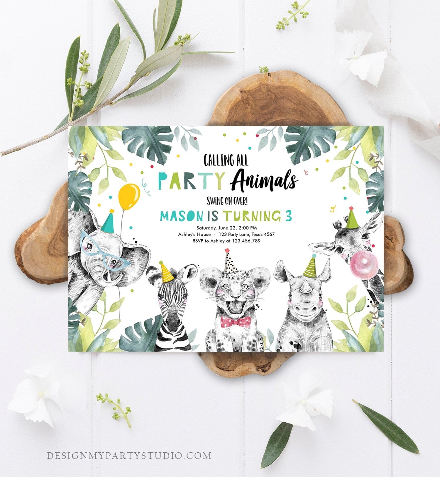 Editable Party Animals Birthday Invitation Boy Safari Animals Wild One Calling all Animals Zoo Jungle Download Evite Template Printable 0322