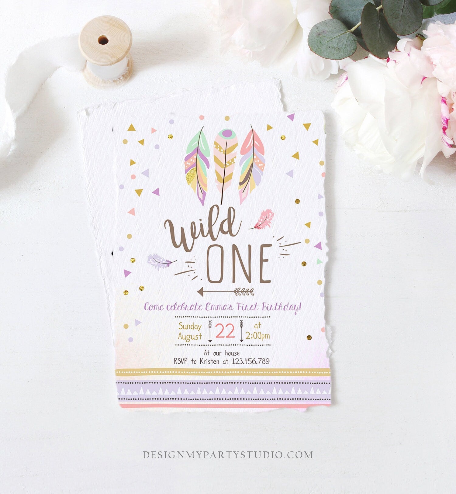 Editable Birthday Invitation Wild One Girl Invite Tribal Boho Arrow Feathers Pink Purple Download Printable Template Digital Corjl 0073
