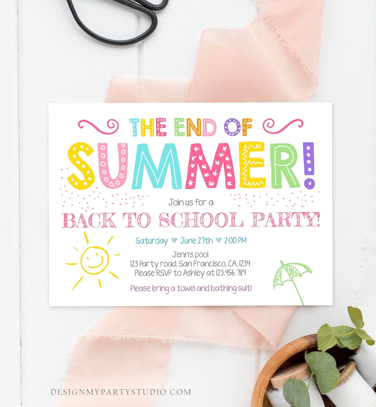 Editable End Of The Summer Pool Party Invitation Back to School Splish Splash Birthday Swimming Download Corjl Template Printable 0156