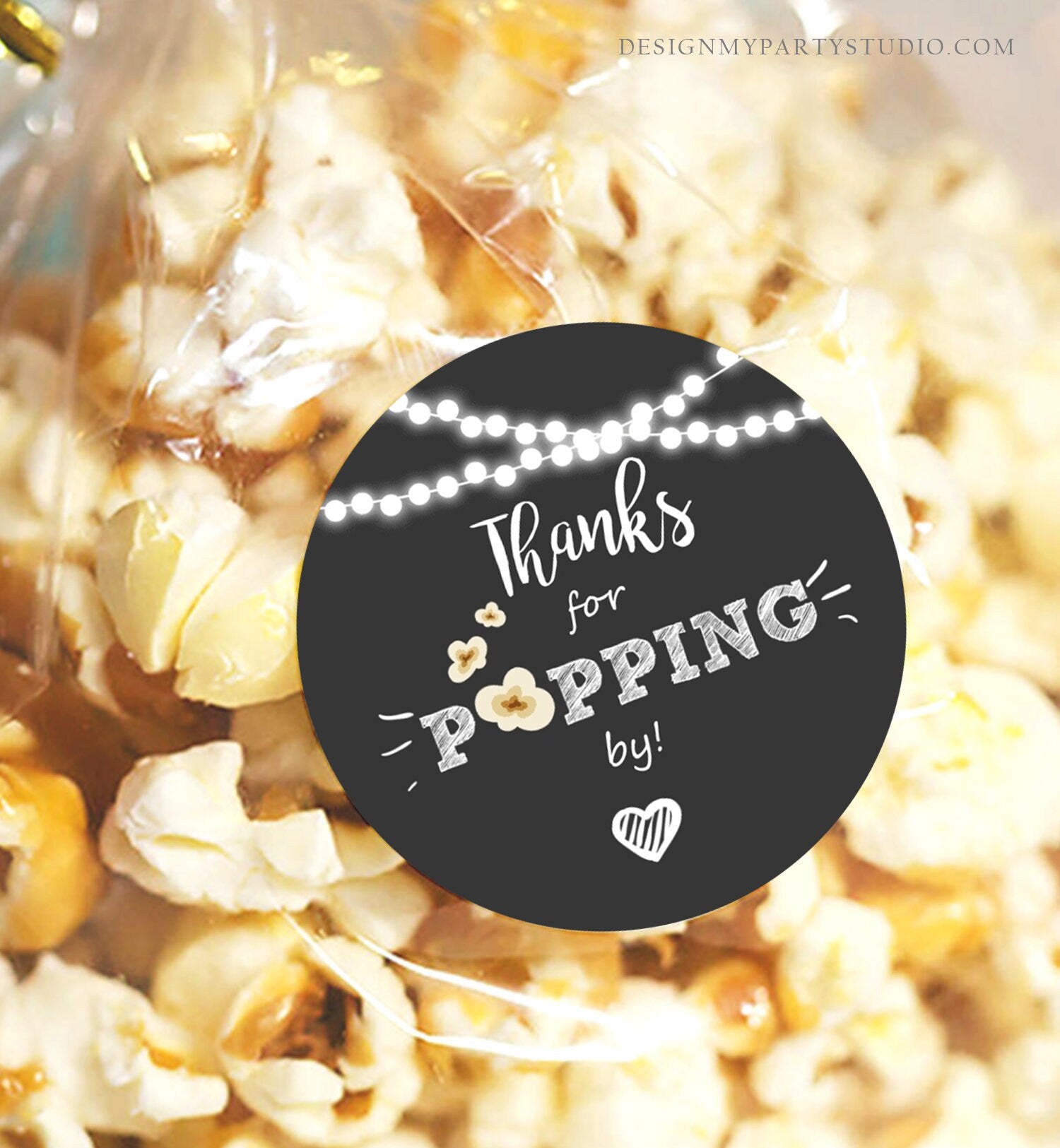 Editable Thanks For Popping By Gift Popcorn Favor Tag String Lights Bridal Shower Wedding Birthday Party Stickers Template Corjl 0110