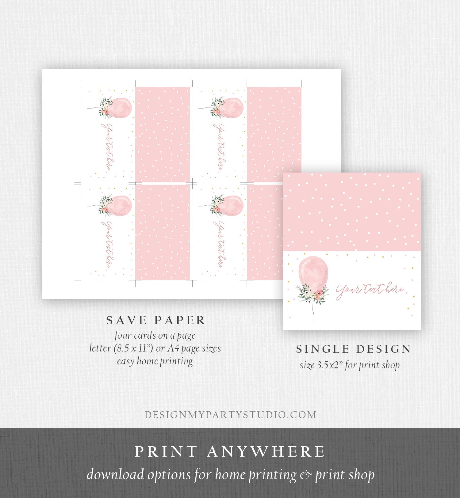 Editable Balloon Food Labels Floral Balloon Place Card Tent Card Buffet Card Pink and Gold Birthday Girl Confetti Template Corjl 0221