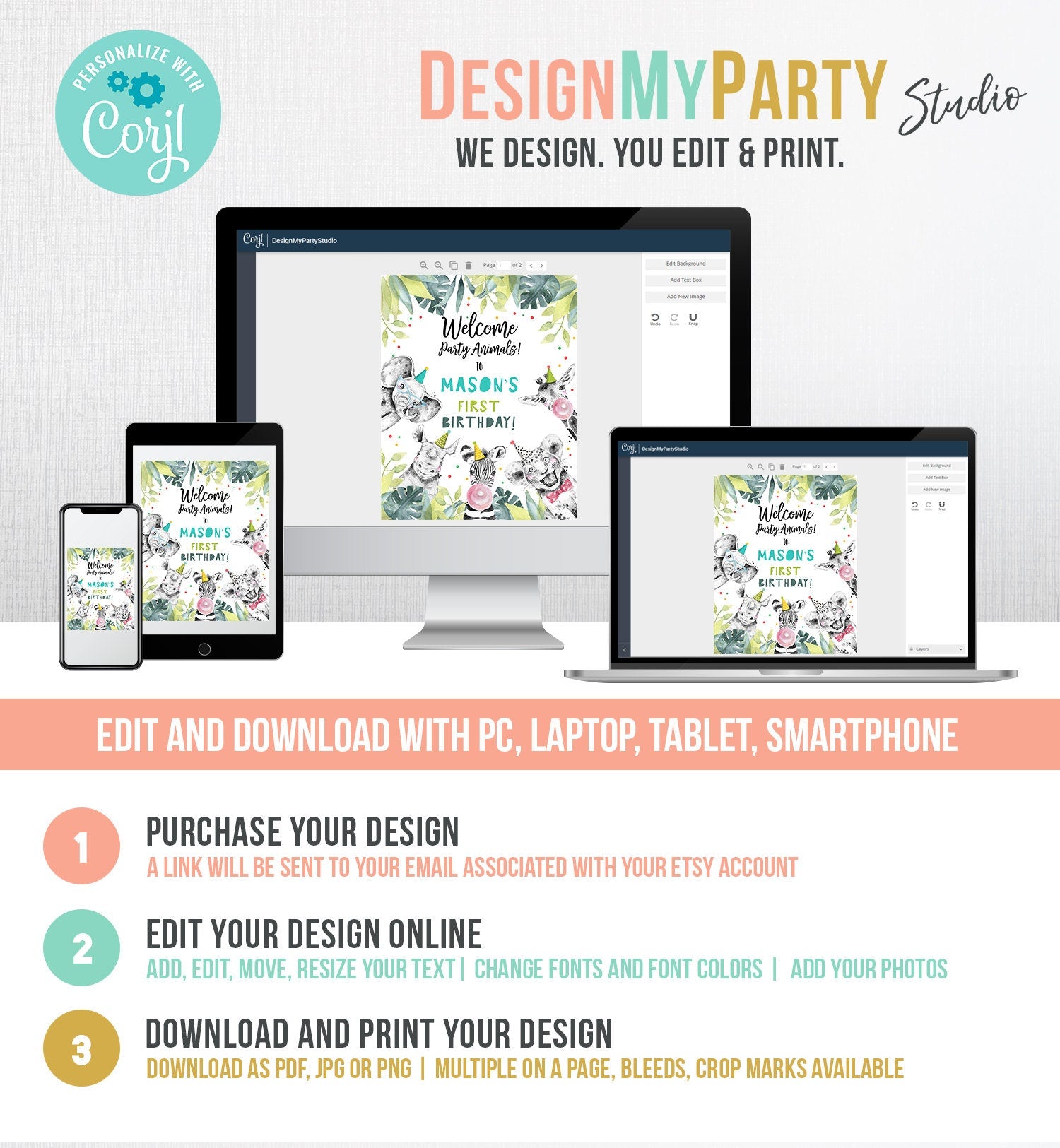 Editable Party Animals Welcome Sign Boy Birthday Party Safari Animals Sign Zoo Welcome Jungle Table Sign Digital Template Printable 0322