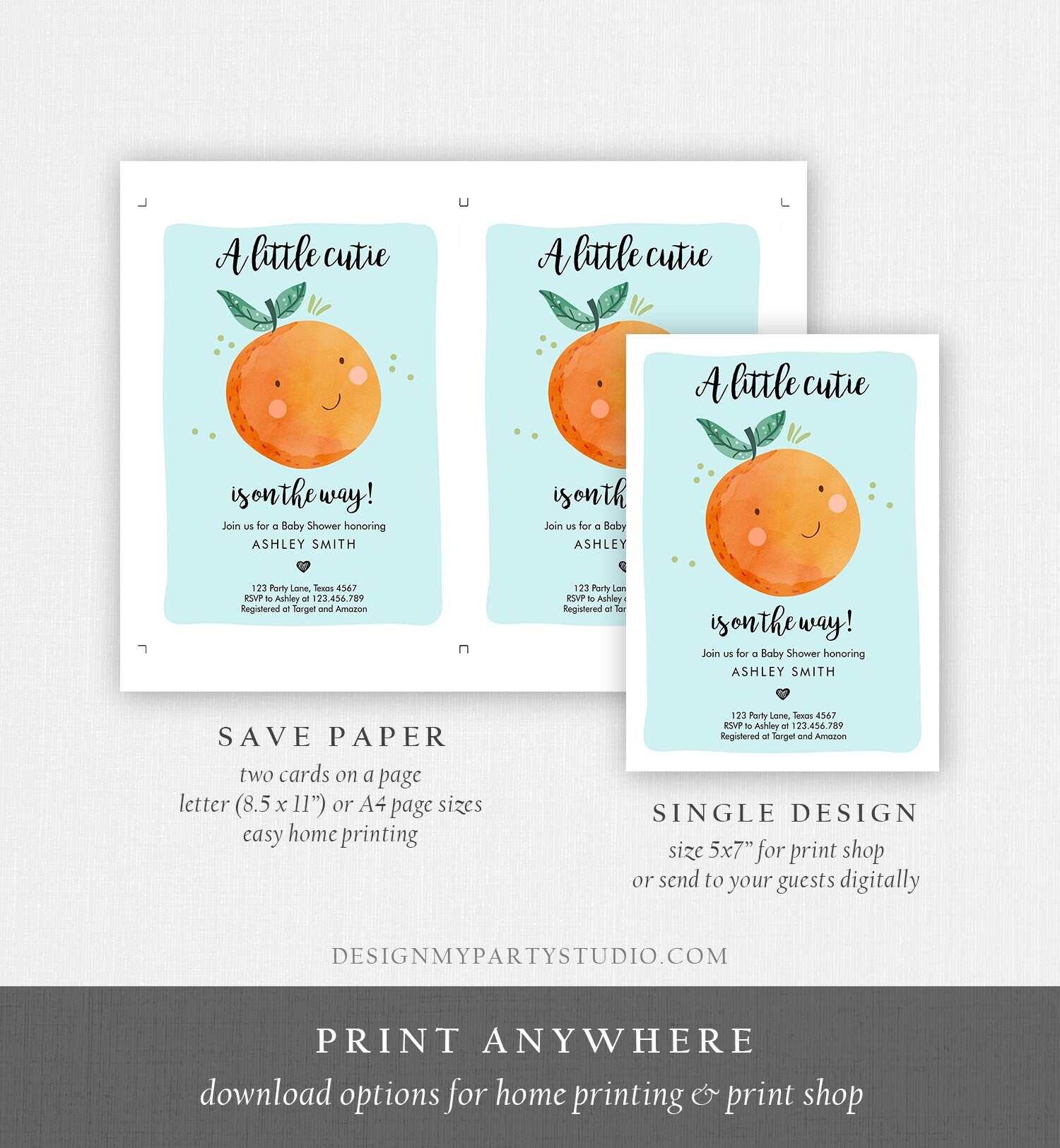 Editable A Little Cutie is on The Way Baby Shower Invitation Clementine Orange Coed Shower Boy Blue Digital Download Template Printable 0330
