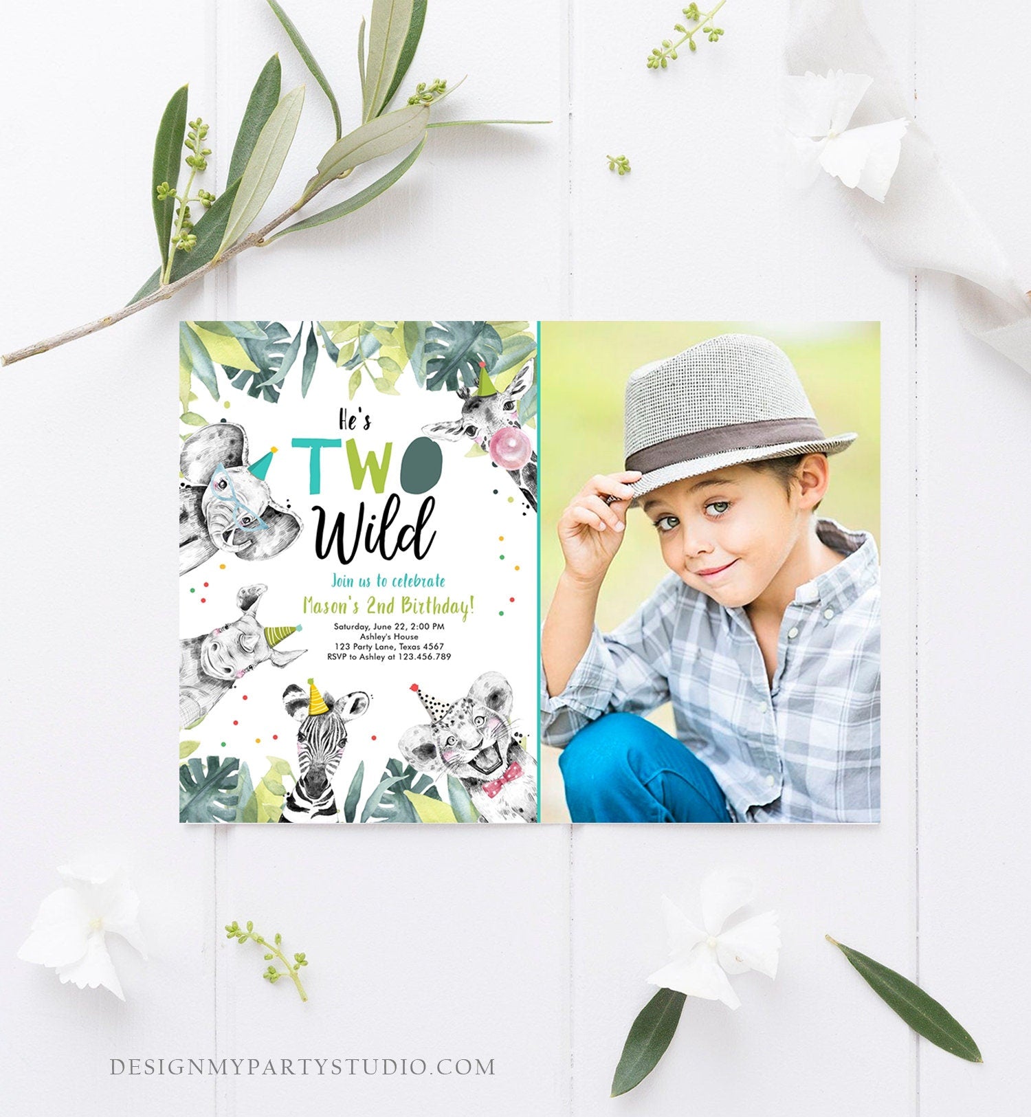 Editable Two Wild Birthday Invitation Boy First Birthday 1st Safari Animals Jungle Zoo Party Animals Digital Corjl Template Printable 0322
