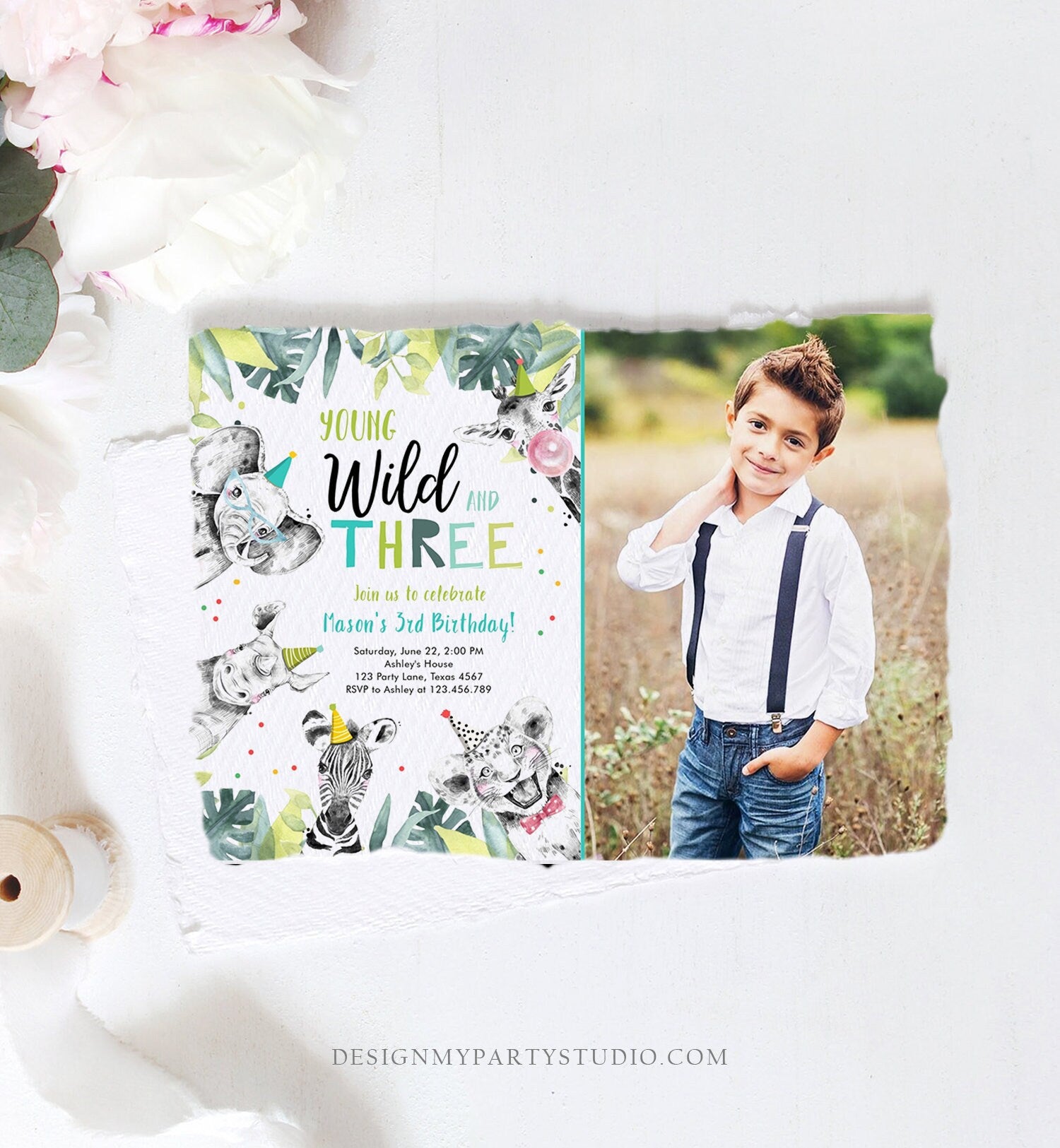 Editable Young Wild and Three Invitation Boy Third Birthday 3rd Safari Animals Zoo Party Animals Digital Corjl Template Printable 0322