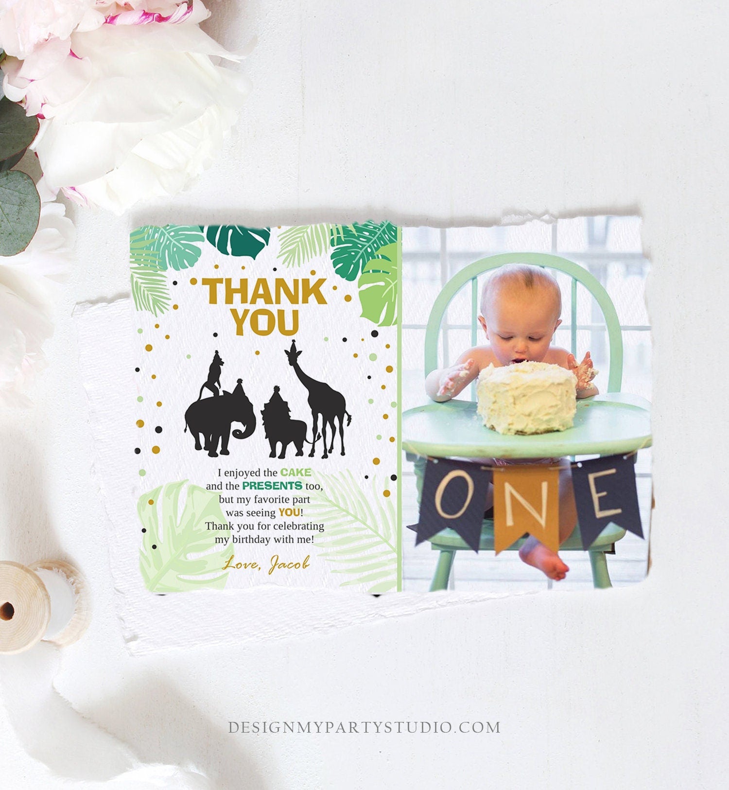 Editable Safari Animals Thank You Card Wild One Thank You Note Black Gold Boy Jungle Zoo Animals Printable Corjl Template Digital 0016