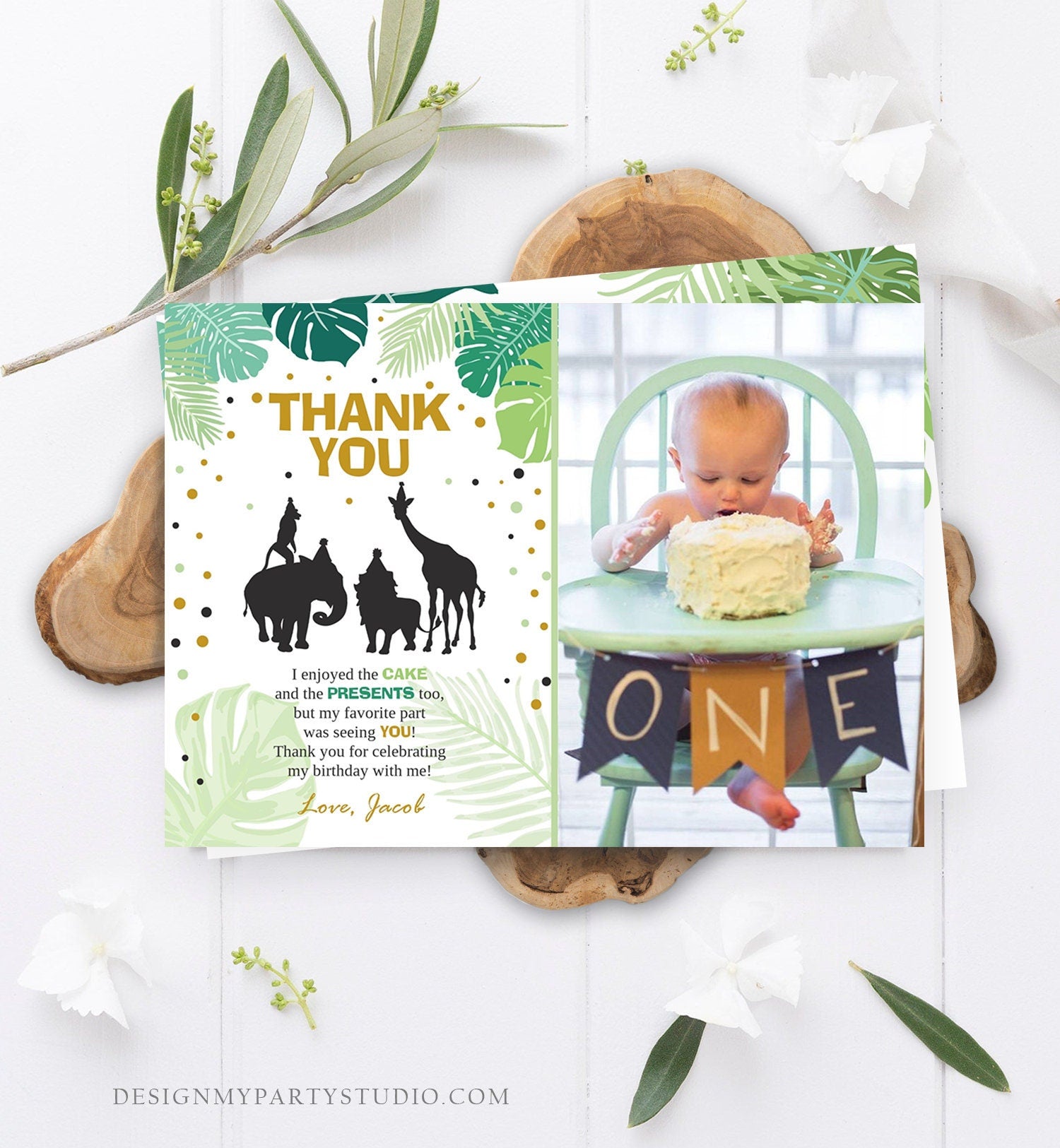 Editable Safari Animals Thank You Card Wild One Thank You Note Black Gold Boy Jungle Zoo Animals Printable Corjl Template Digital 0016