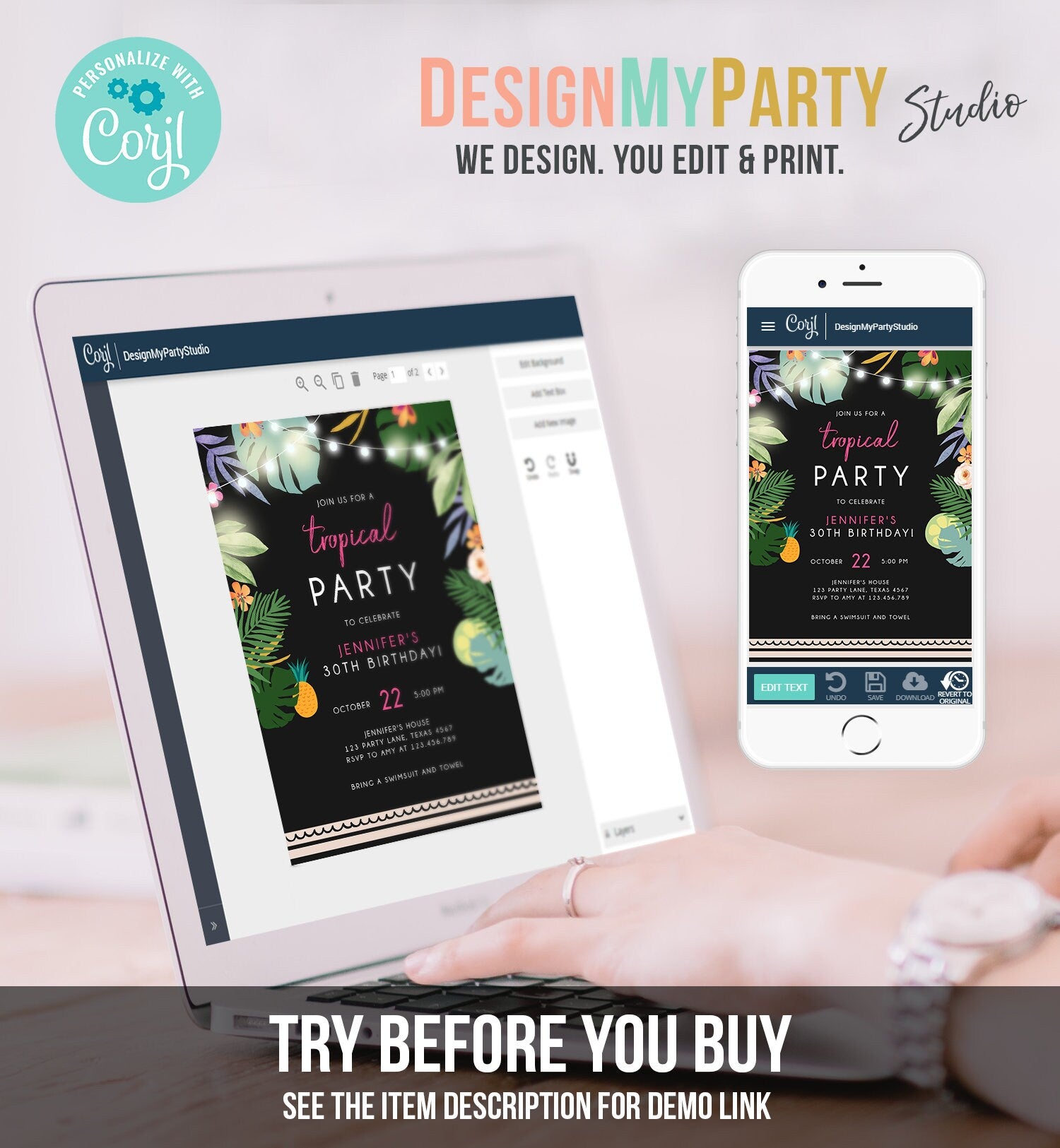 Editable Tropical Birthday Invitation Tropical Party Adult 30th 40th Birthday Woman Palm Leaves Hawaiian Digital Template Printable 0183