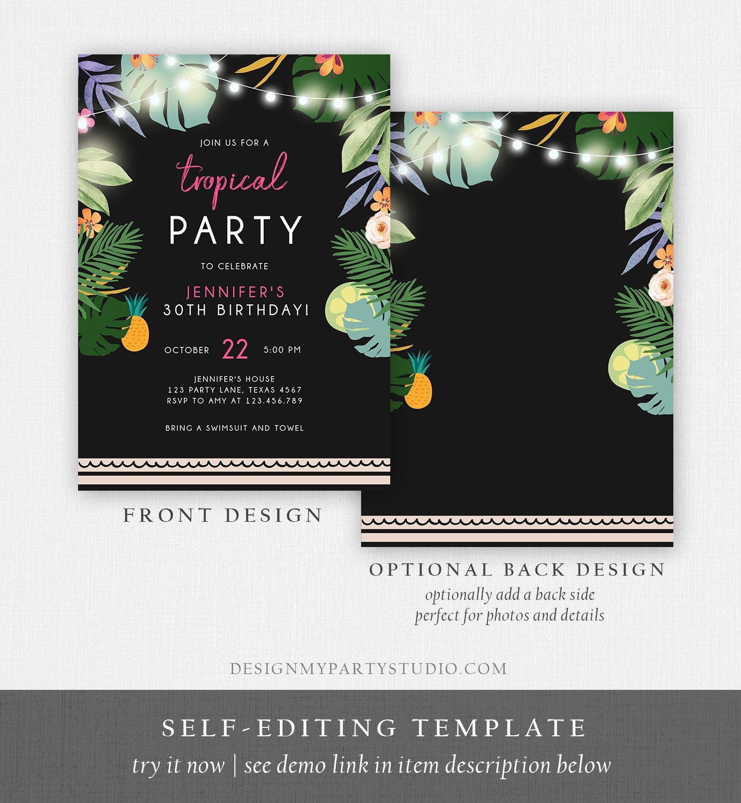 Editable Tropical Birthday Invitation Tropical Party Adult 30th 40th Birthday Woman Palm Leaves Hawaiian Digital Template Printable 0183