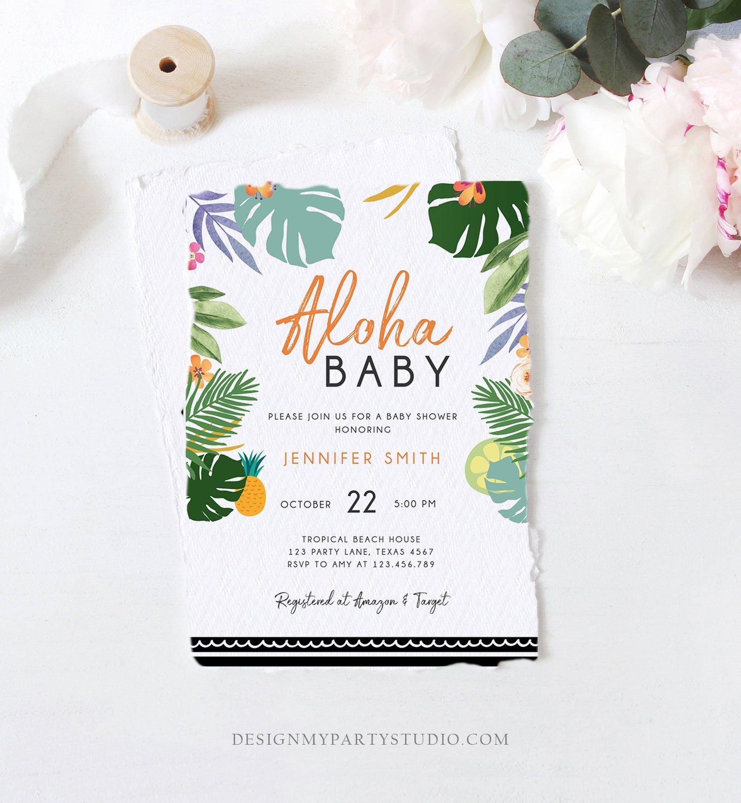 Editable Tropical Baby Shower Invitation Oh Baby Aloha Coed Shower Party Sprinkle Luau Palm Hawaiian Beach Digital Template Printable 0183