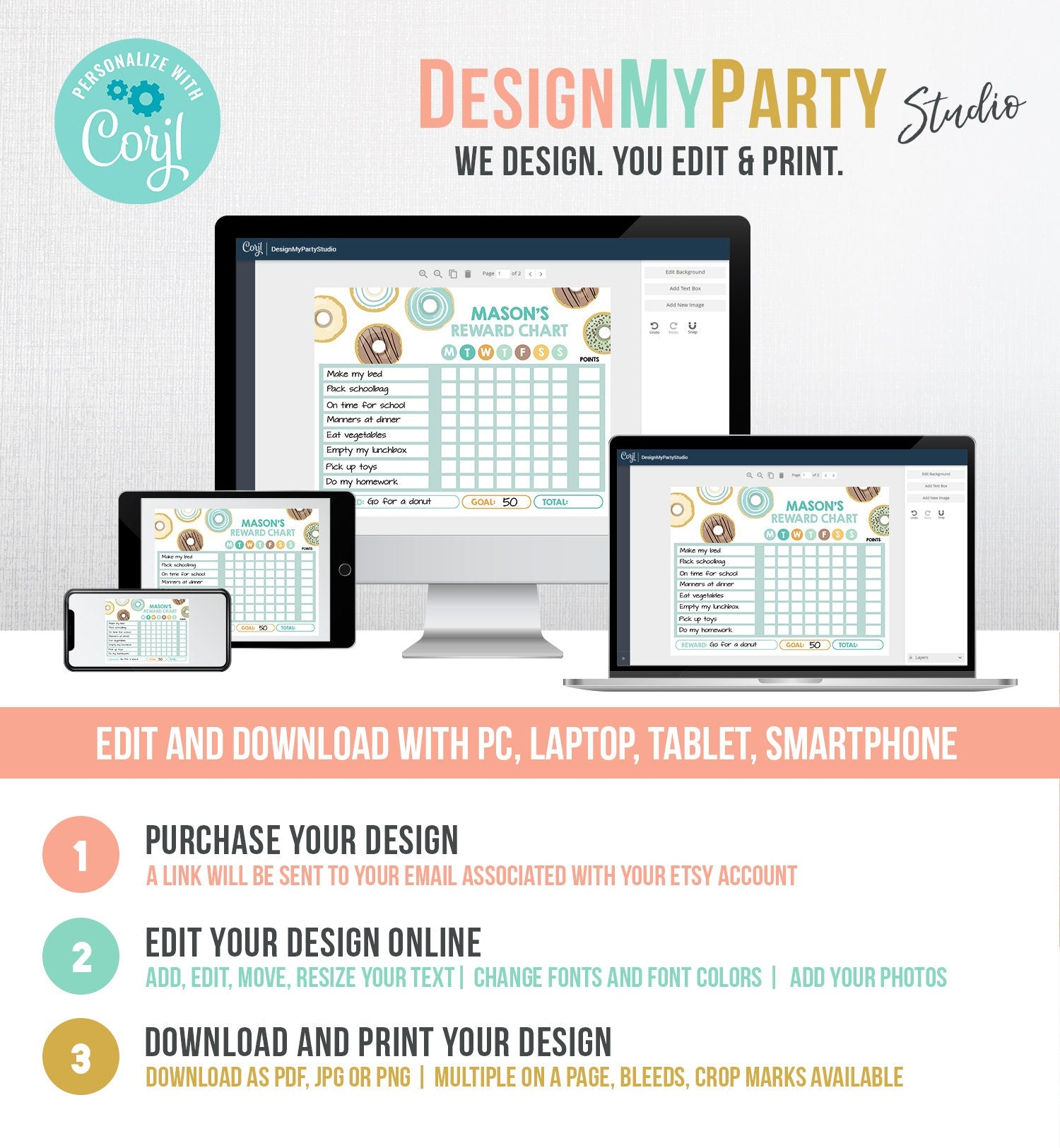 Editable Donut Reward Chart for Boys Printable Donut Chore Chart for Kids Chores Blue Routine Chart Boy Digital Template Printable 0320