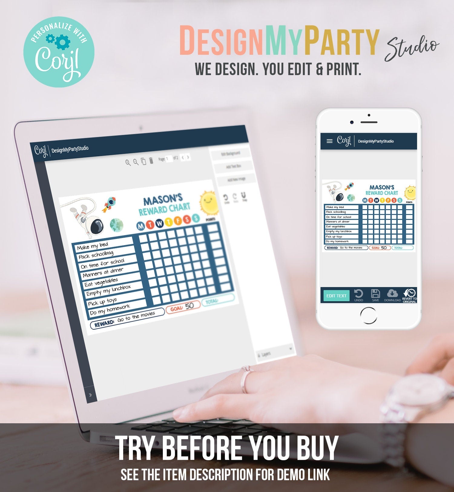 Editable Space Astronaut Reward Chart for Boys Space Rocket Shuttle Chore Chart for Kids Routine Chore Chart Printable Template Corjl 0046