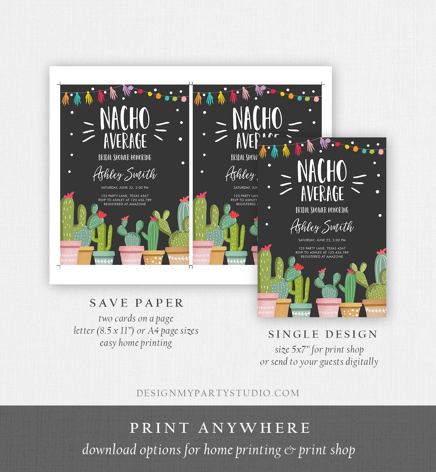 Editable Nacho Average Bridal Shower Invitation Fiesta Cactus Mexican Bachelorette Party Taco Bout Love Coed Corjl Template Printable 0254