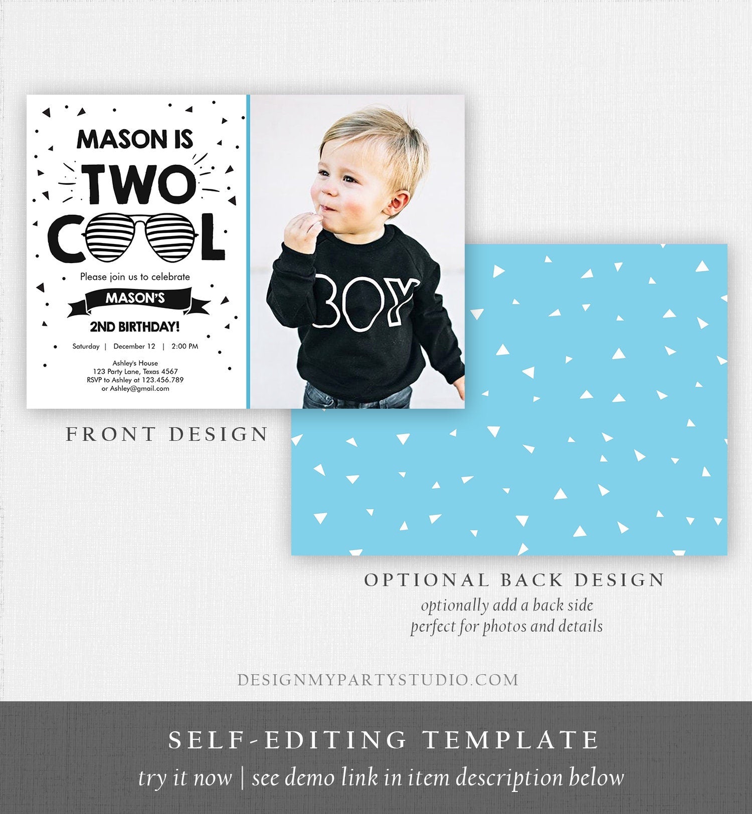 Editable Two Cool Birthday Invitation Boy Second Party 2nd I'm this Many I'm Two Cool Sunglasses Palm Digital Template Printable 0136