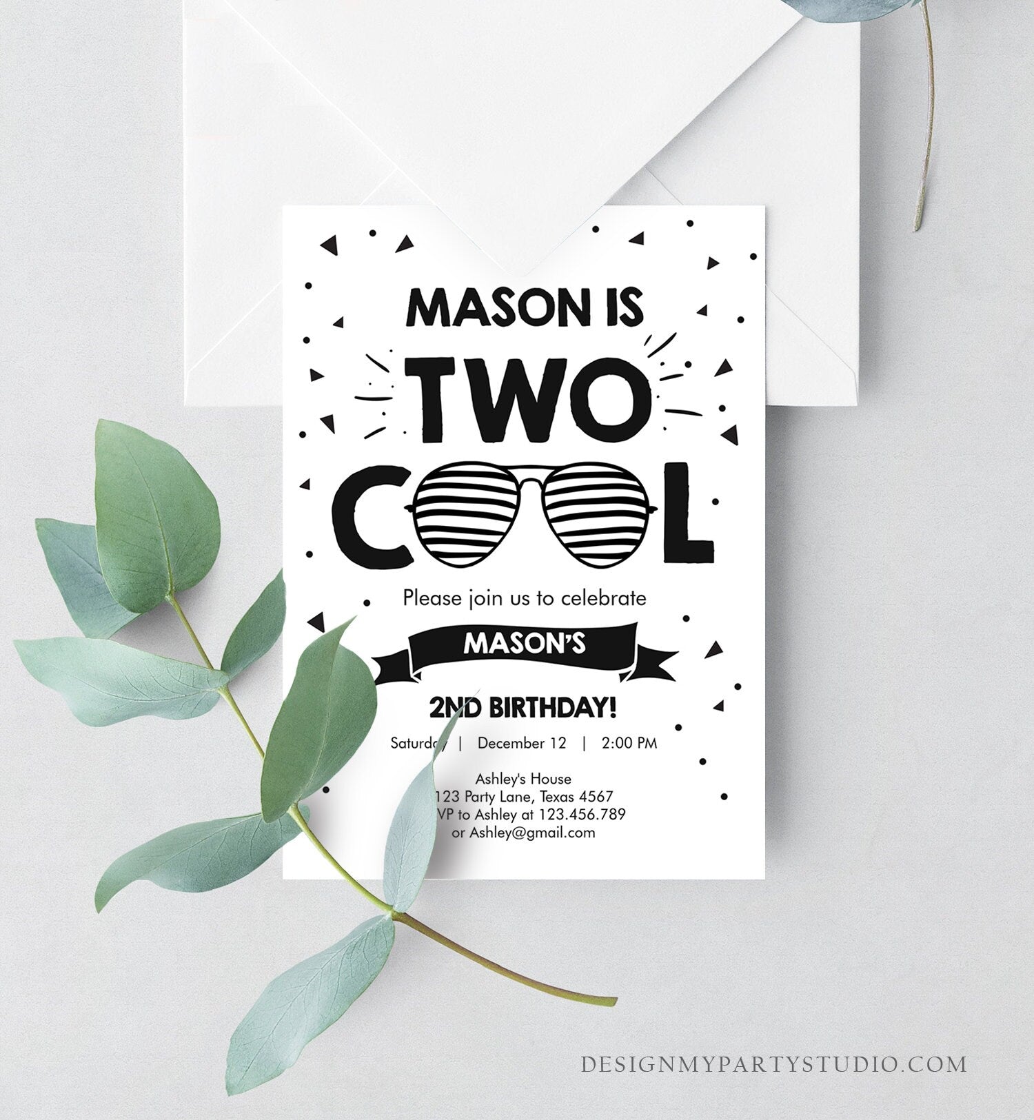 Editable Two Cool Birthday Invitation Boy Second Birthday Party 2nd I'm this Many Two Cool Sunglasses Palm Digital Template Printable 0136