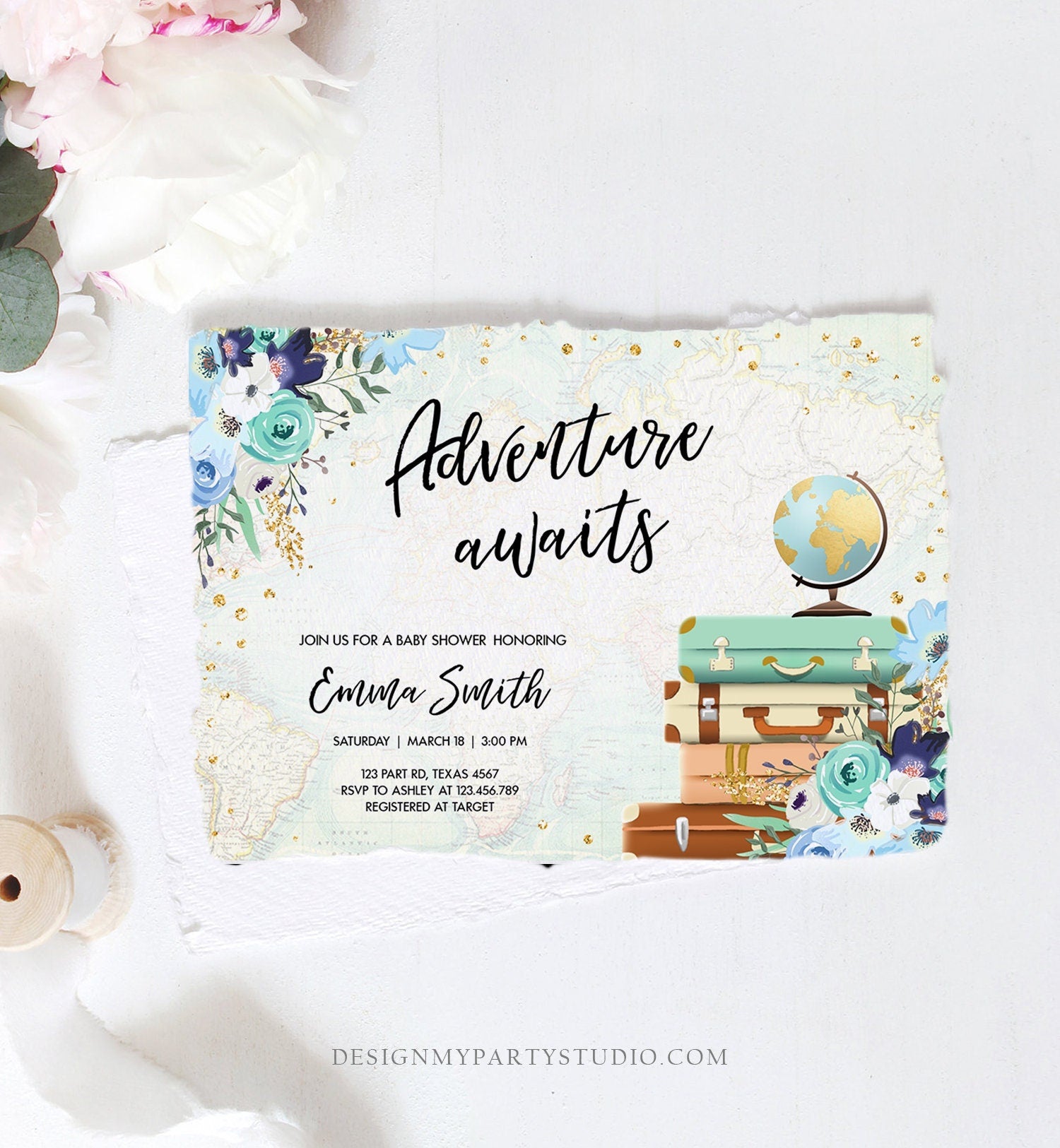 Editable Adventure Awaits Baby Shower Invitation Vintage Travel Around the World Blue Gold Floral Baby Boy Digital Template Printable 0030