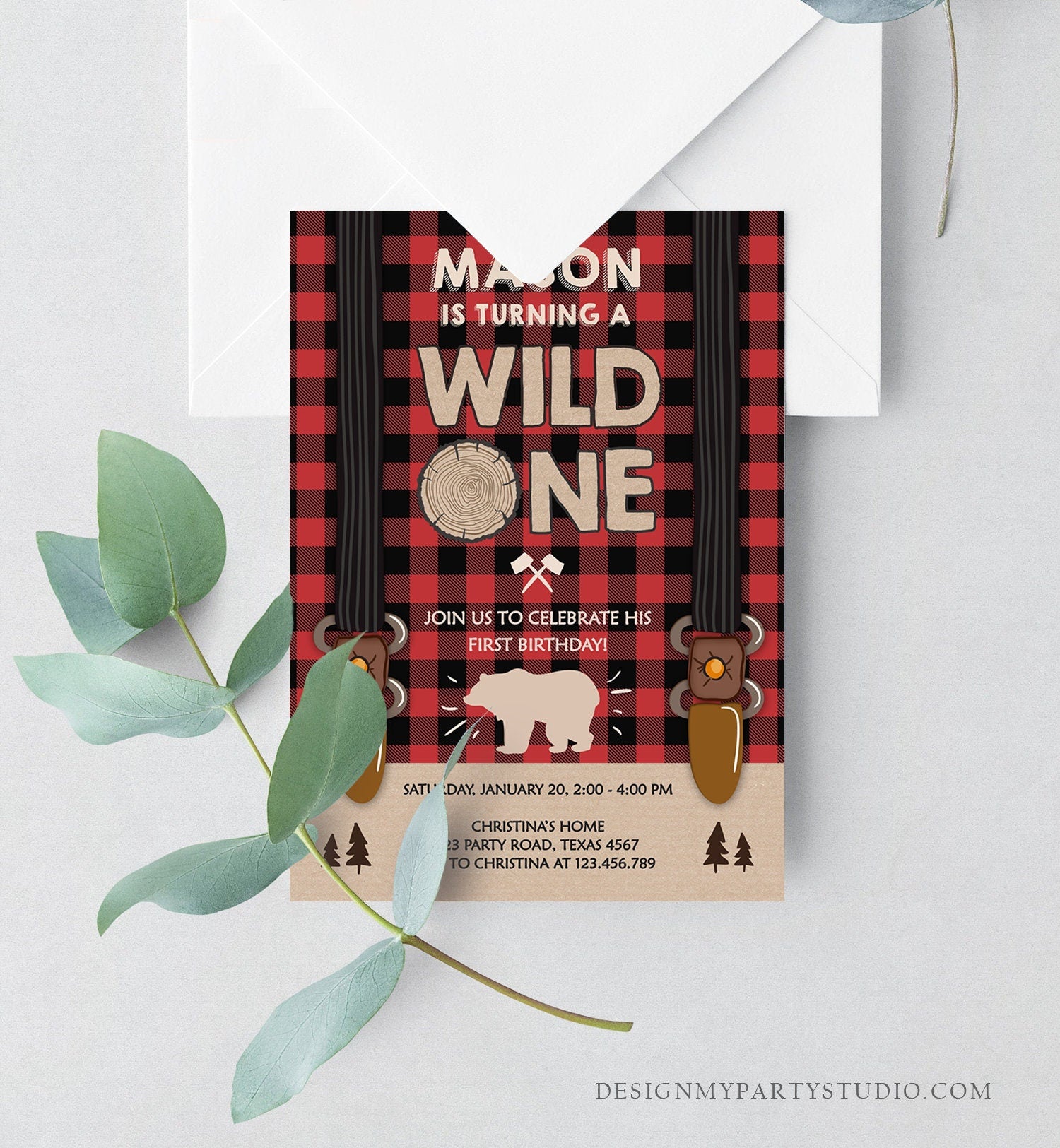 Editable Lumberjack Wild One Birthday Invitation First Birthday Forest Trees Red Plaid Outdoor Bear Boy 1st Digital Template Printable 0026