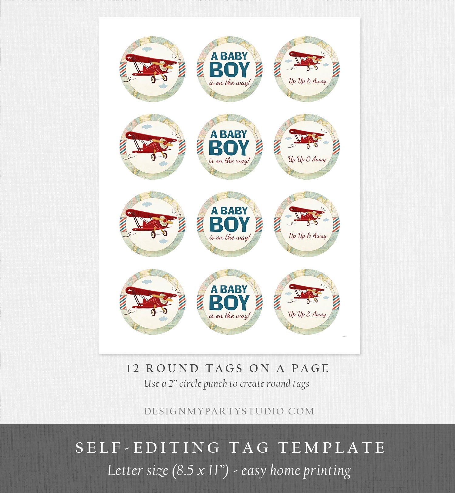 Editable Airplane Baby Shower Cupcake Toppers Vintage Airplane Round Stickers Plane Shower Boy Sky Red Blue Corjl Template Printable 0011