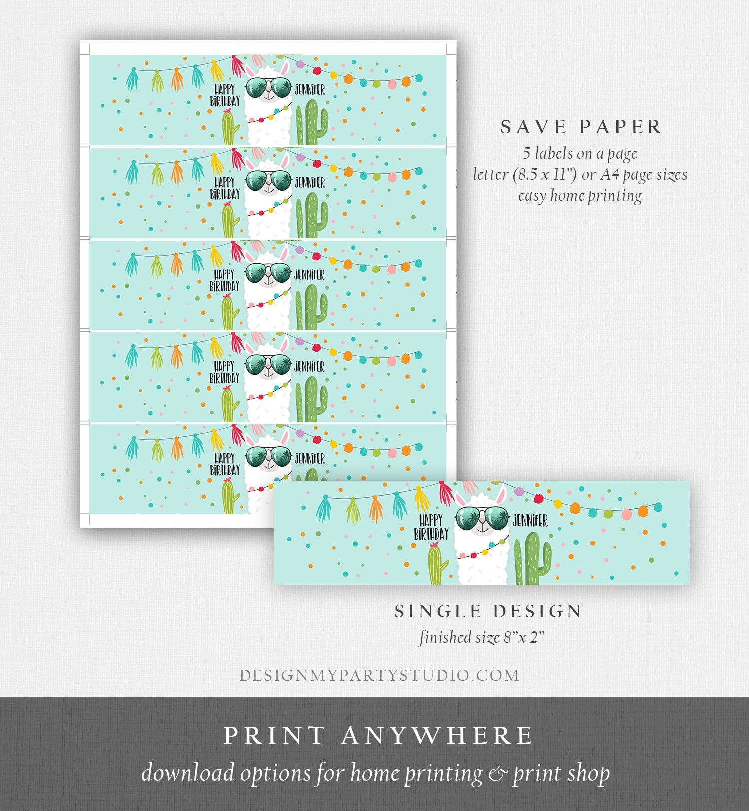 Editable Water Bottle Labels Llama Birthday Cactus Blue Succulent Fiesta Mexican Printable Bottle Labels Boy Printable Template Corjl 0079