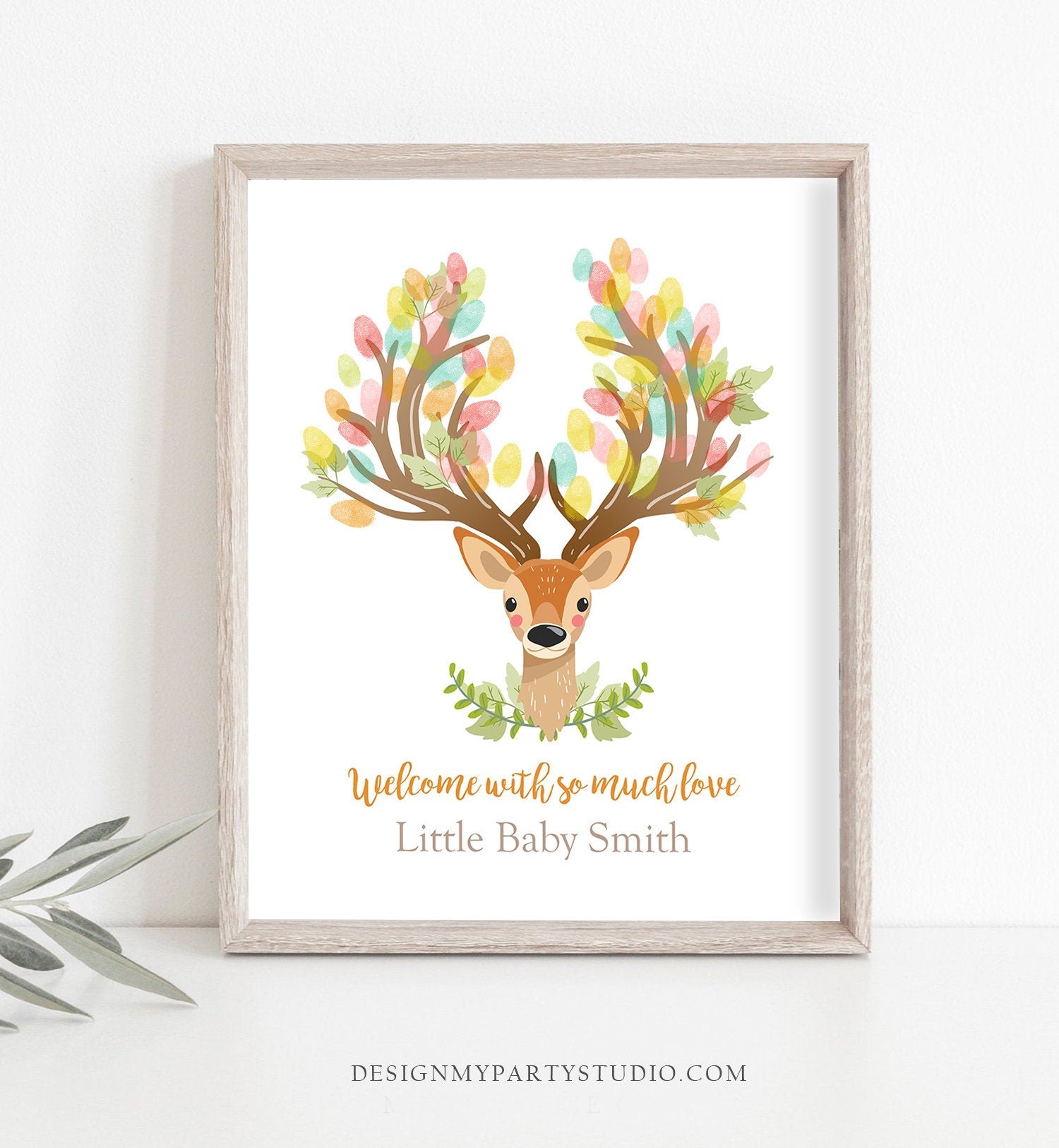 Editable Deer Fingerprint Guestbook Baby Shower Birthday Thumbprints Boy Girl Neutral Guest Book Woodland Antler Digital Corjl Template 0060