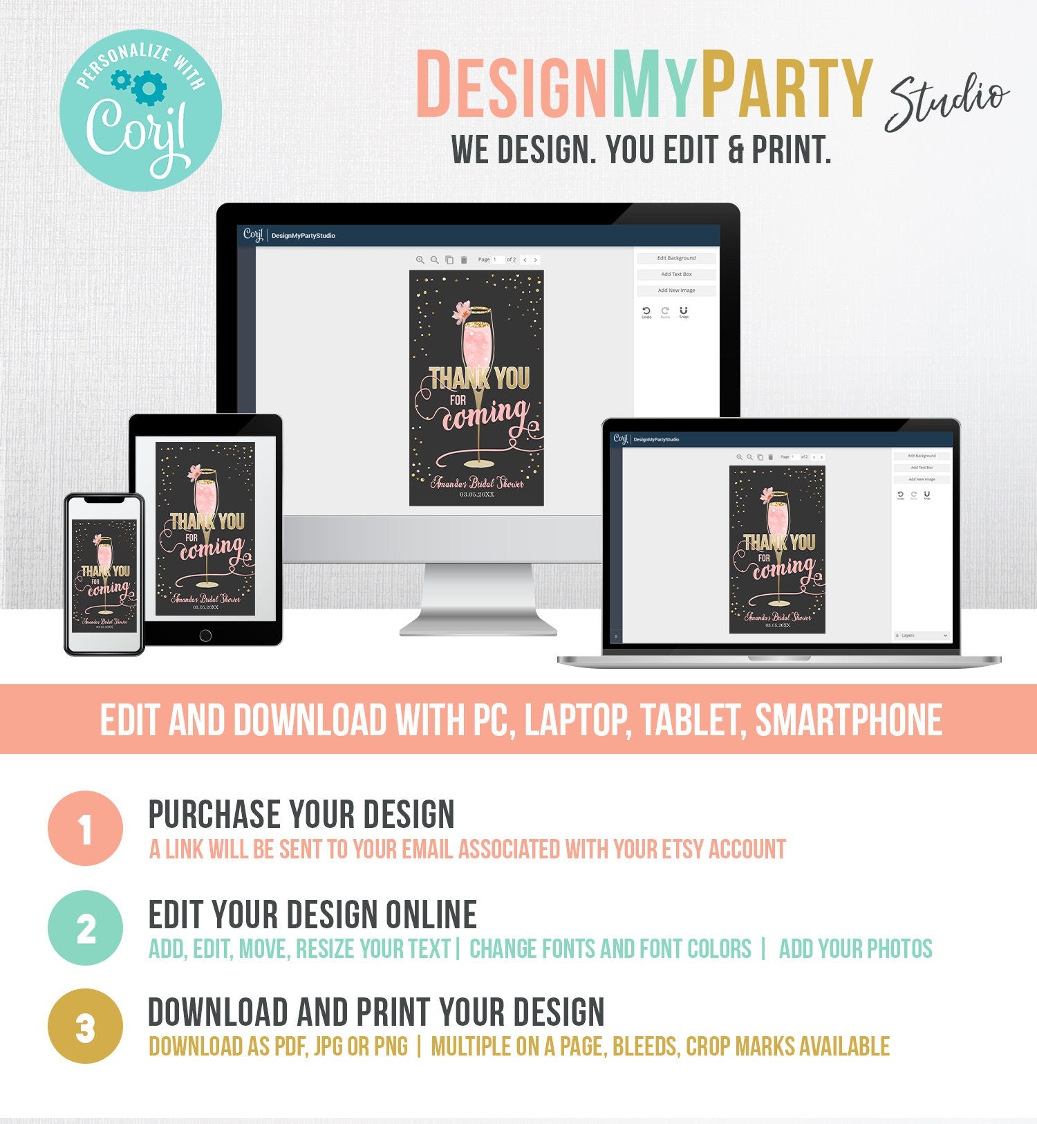 Editable Brunch and Bubbly Thank You Tags Bubbly Bridal Shower Favor Tags Pink Gold Chalk Floral Printable Tag Corjl Template Printable 0150