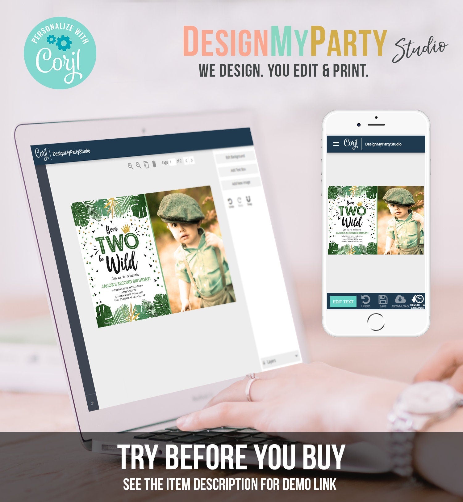 Editable Born Two be Wild Birthday Invitation Boy Tropical Safari Animals Boy Gold Second 2nd Digital Download Template Printable 0332