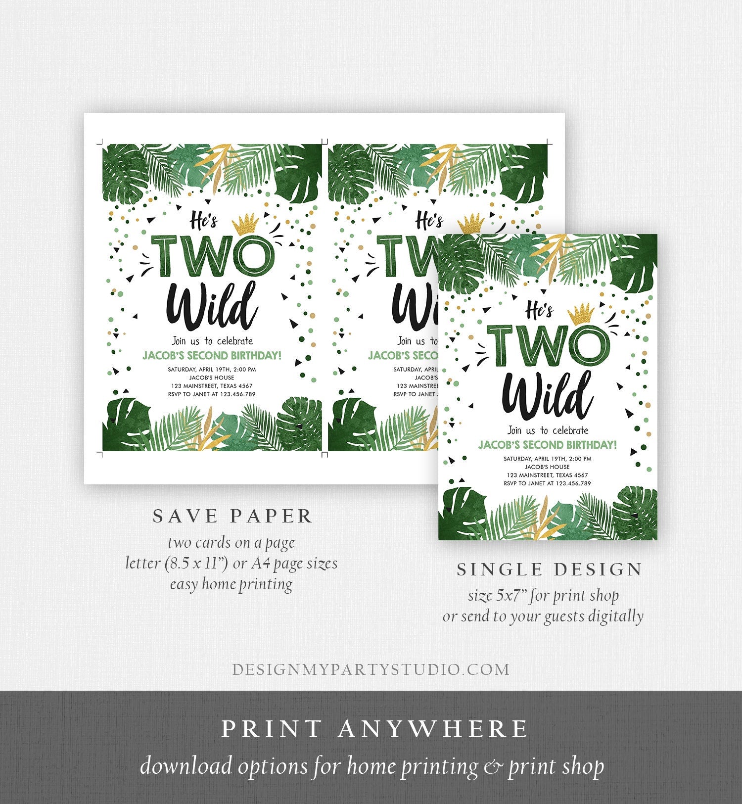 Editable Two Wild Birthday Invitation Boy Tropical Safari Boy Gold Jungle Second Birthday 2nd Digital Download Template Printable 0332
