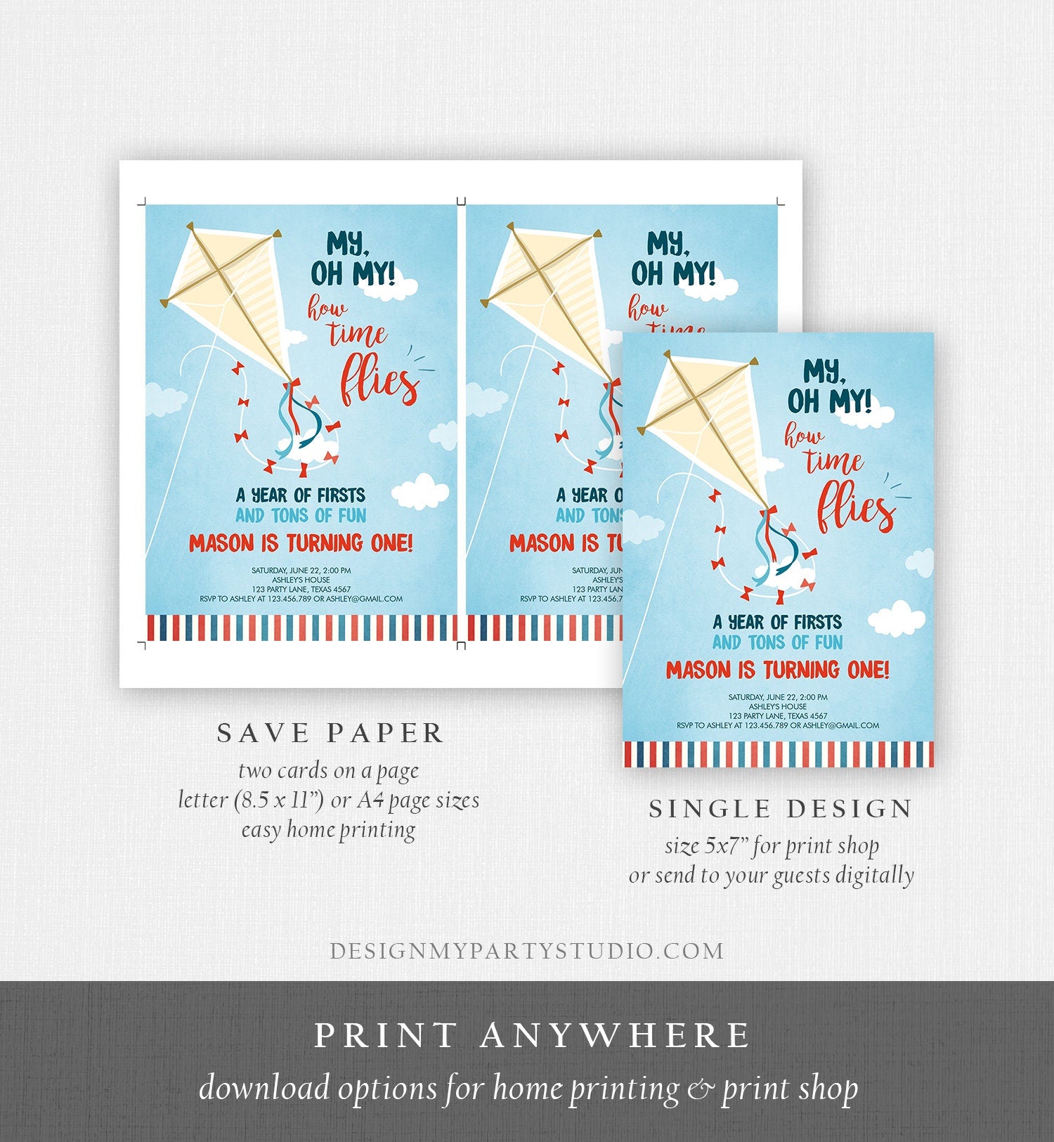 Editable Kite Birthday Invitation Oh My Time Flies First Birthday Boy 1st Birthday Summer Download Printable Digital EviteTemplate 0316