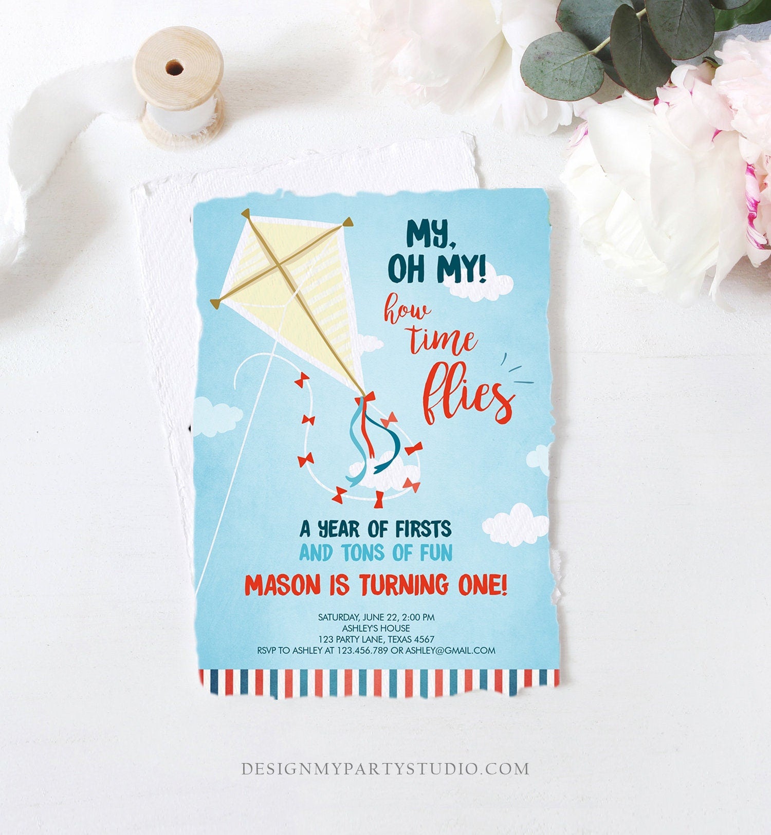 Editable Kite Birthday Invitation Oh My Time Flies First Birthday Boy 1st Birthday Summer Download Printable Digital EviteTemplate 0316